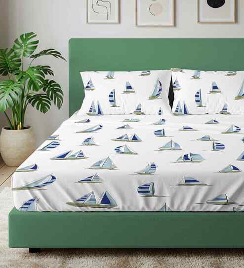 Ocean Boats Blue 144 Tc Cotton Double Bedsheet With 2 Pillow Covers