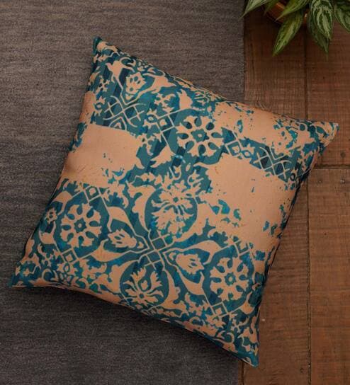 Ocher Blue Traditional Poly Canvas 16 x 16 Inches Cushion Cover by Zeba