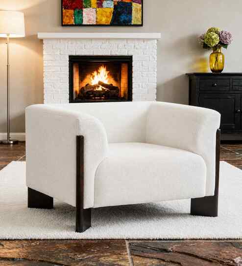 Octavia Boucle Fabric Lounge Chair In White Colour