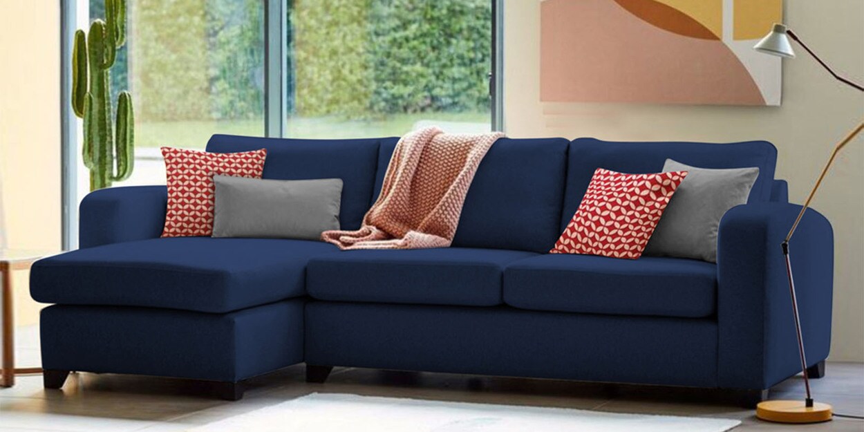 Buy Odell Fabric RHS Sectional Sofa in Blue Colour by Adorn India