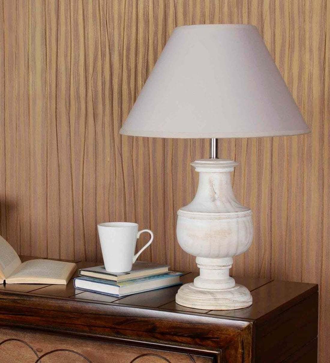 Buy White Fabric Shade Table Lamp with White Base by Kapoor E