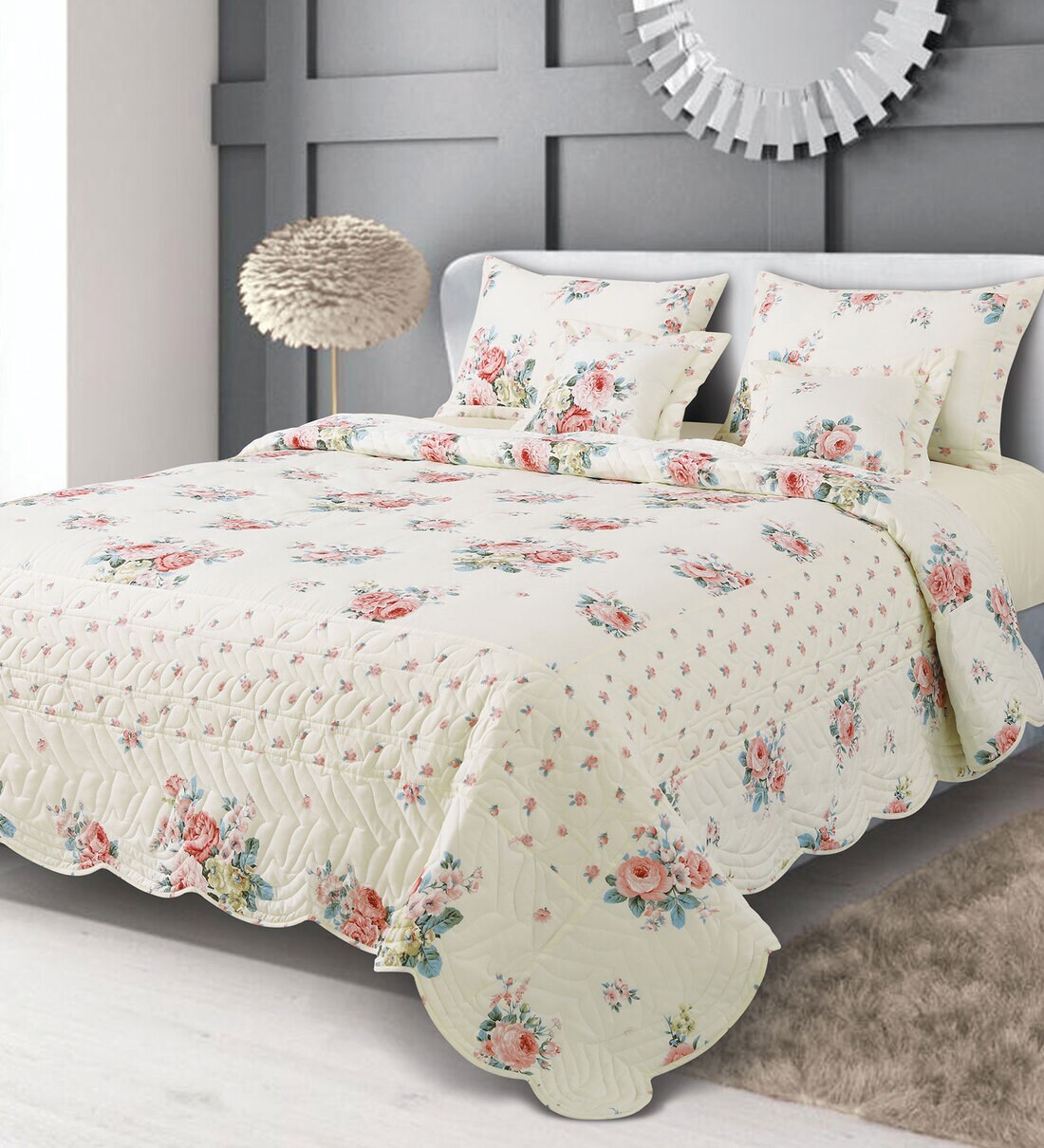 Buy Off White Floral 250 TC Cotton Quilted Double Bed Cover with 2