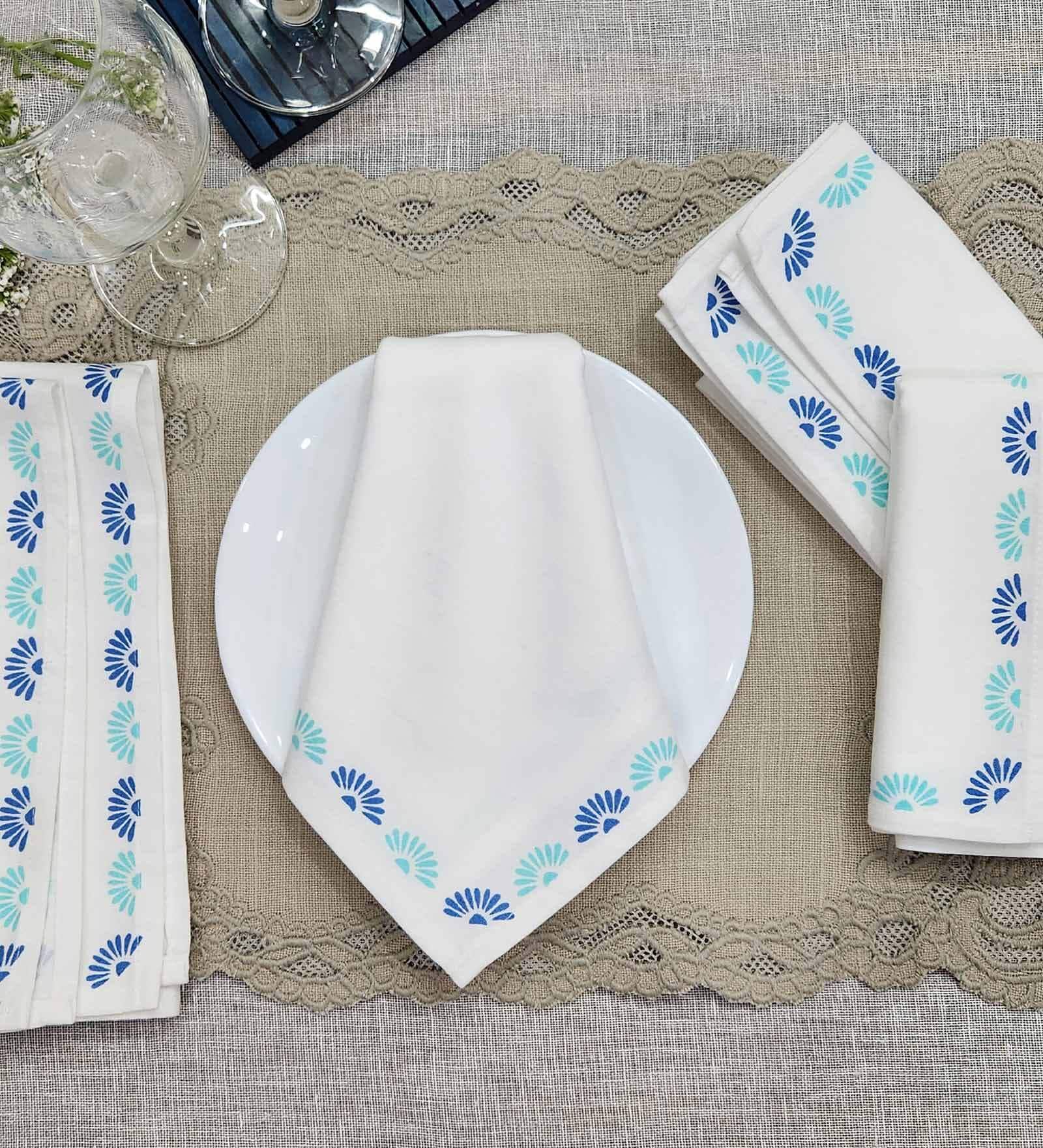 Off White & Aqua (19 x20 ) Floral printed Cotton (Set of 4) Napkin Sets