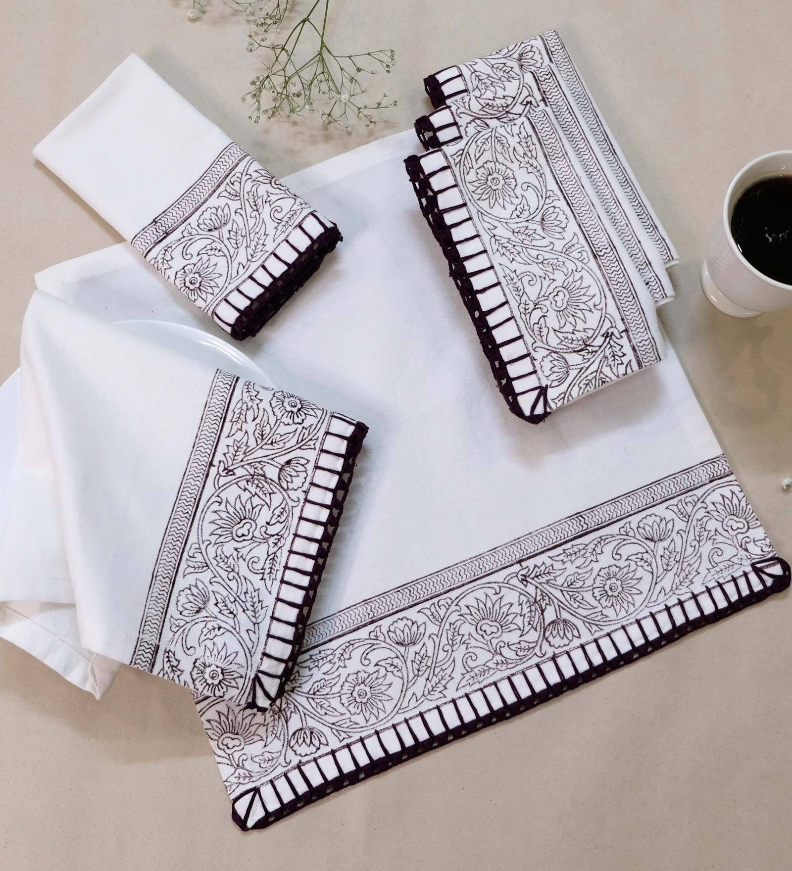 Off White & Brown  (14.5 x14.5 ) Crochet Hand Embroidery Cotton (Set of 6) Napkin Sets