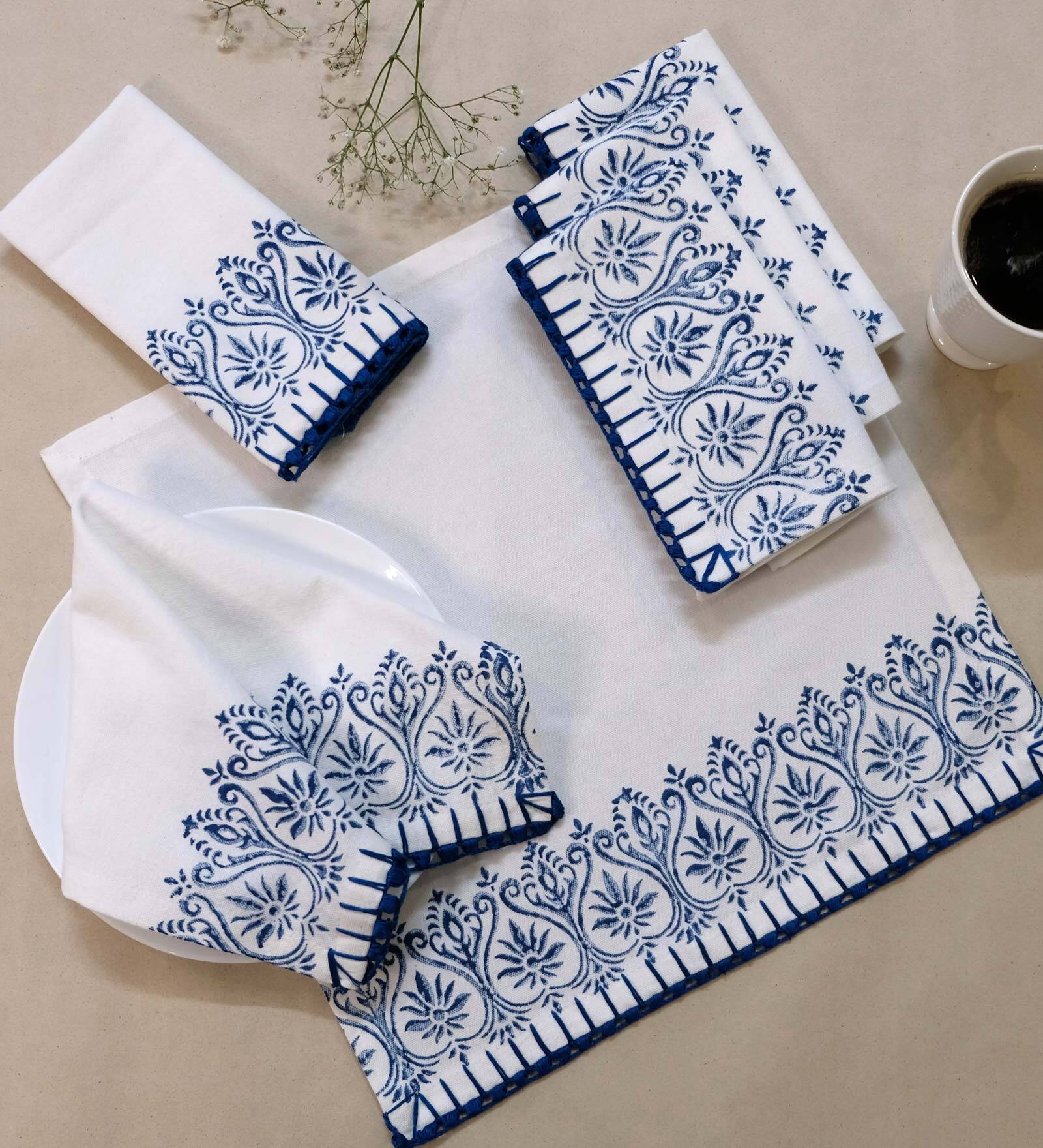 Off White & Indigo (14.5 x14.5 ) Crochet Hand Embroidery Cotton (Set of 6) Napkin Sets