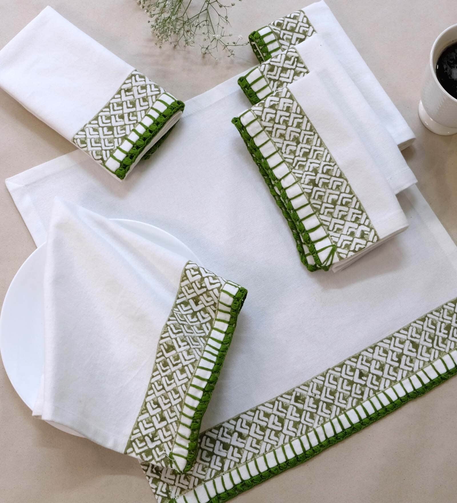 Off White & Olive (14.5 x14.5 ) Crochet Hand Embroidery Cotton (Set of 6) Napkin Sets