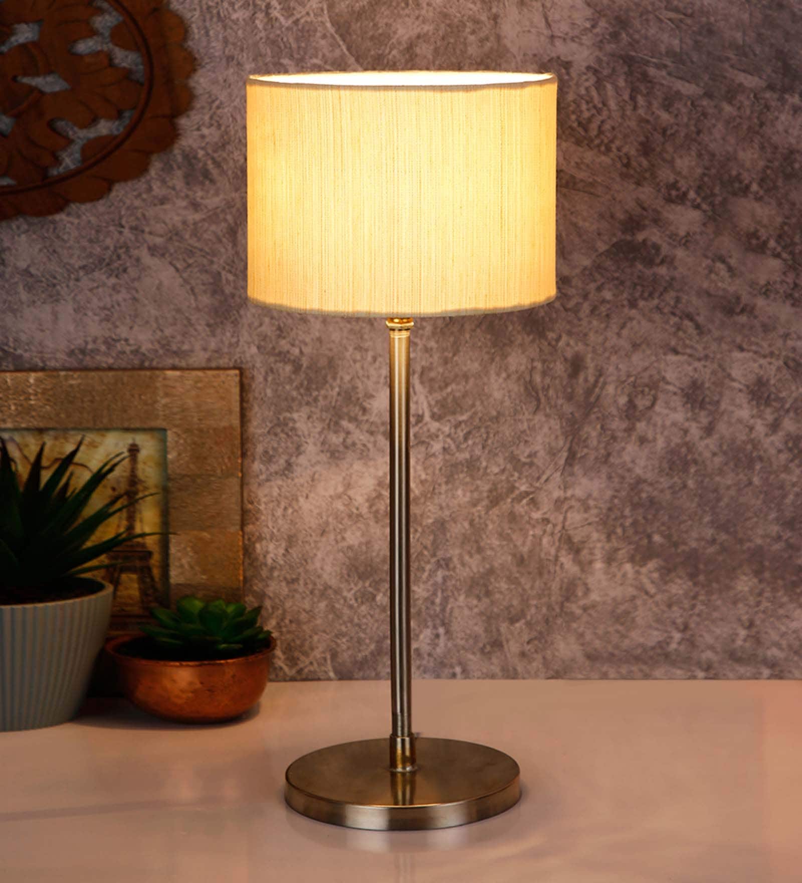 Mylo Off White Cotton Shade Night Lamp With Steel Base