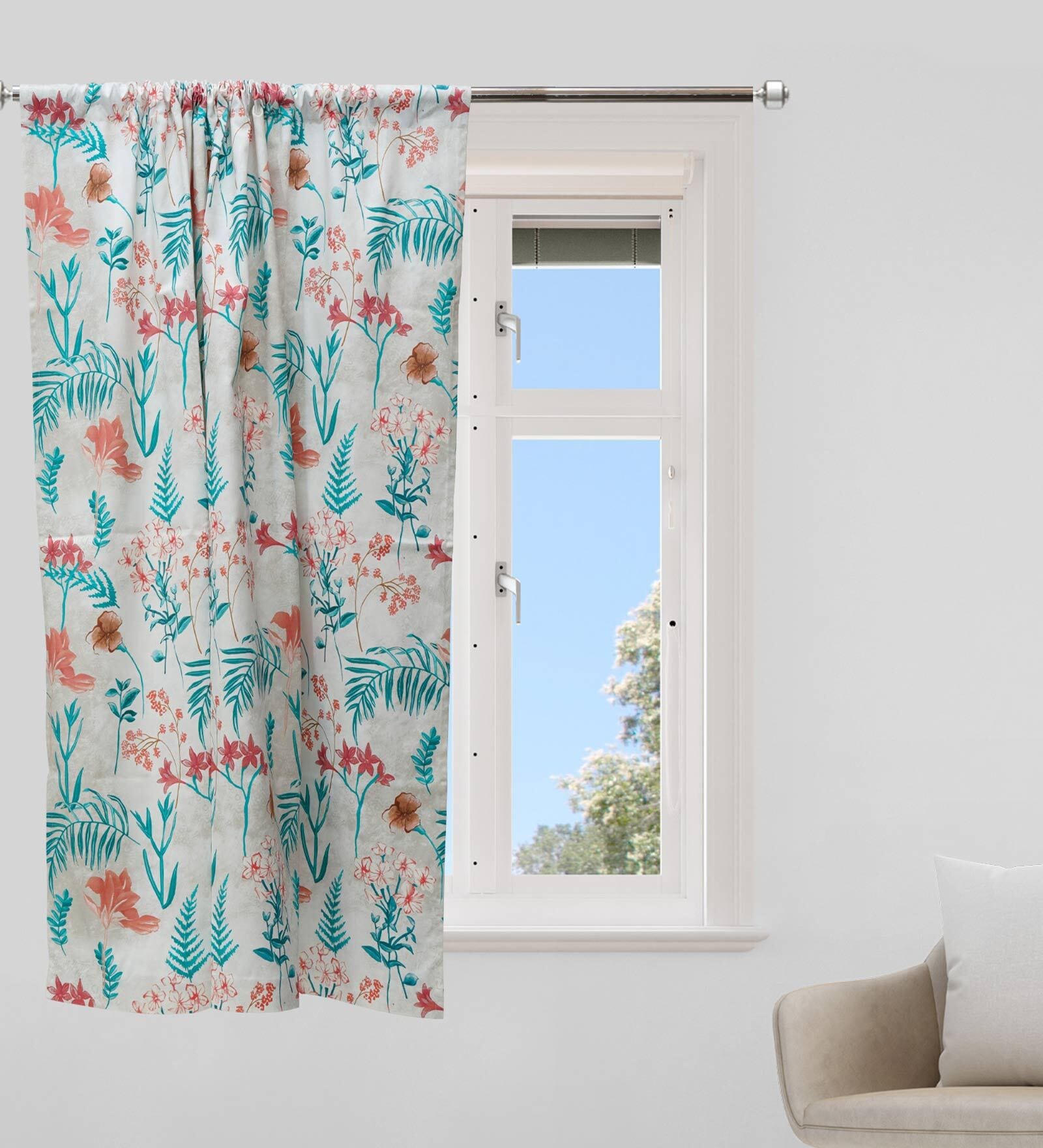 Off White Floral Cotton Blend 5 Ft Blackout Rod Pocket Window Curtain
