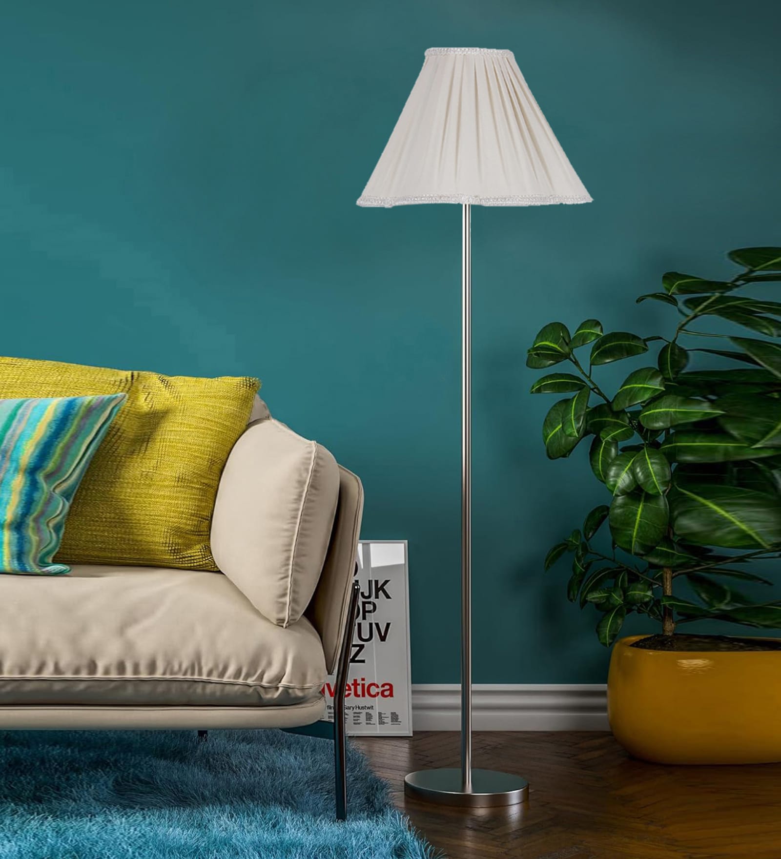 Off White Cotton Vintage Shade Floor Lamp Steel Base