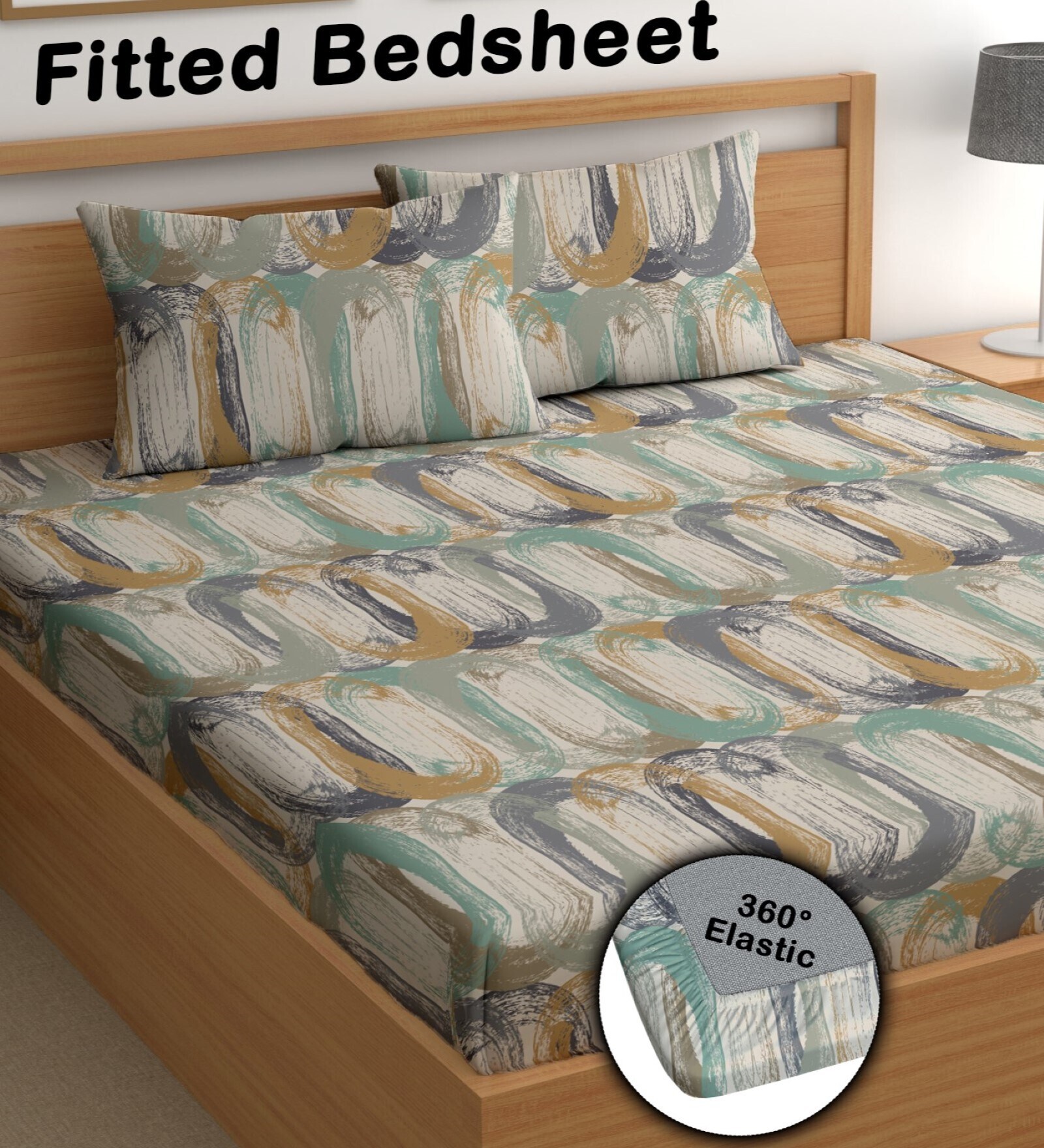 Off White 200 TC Abstract Cotton Fitted Double Bedsheet 2 Pillow covers