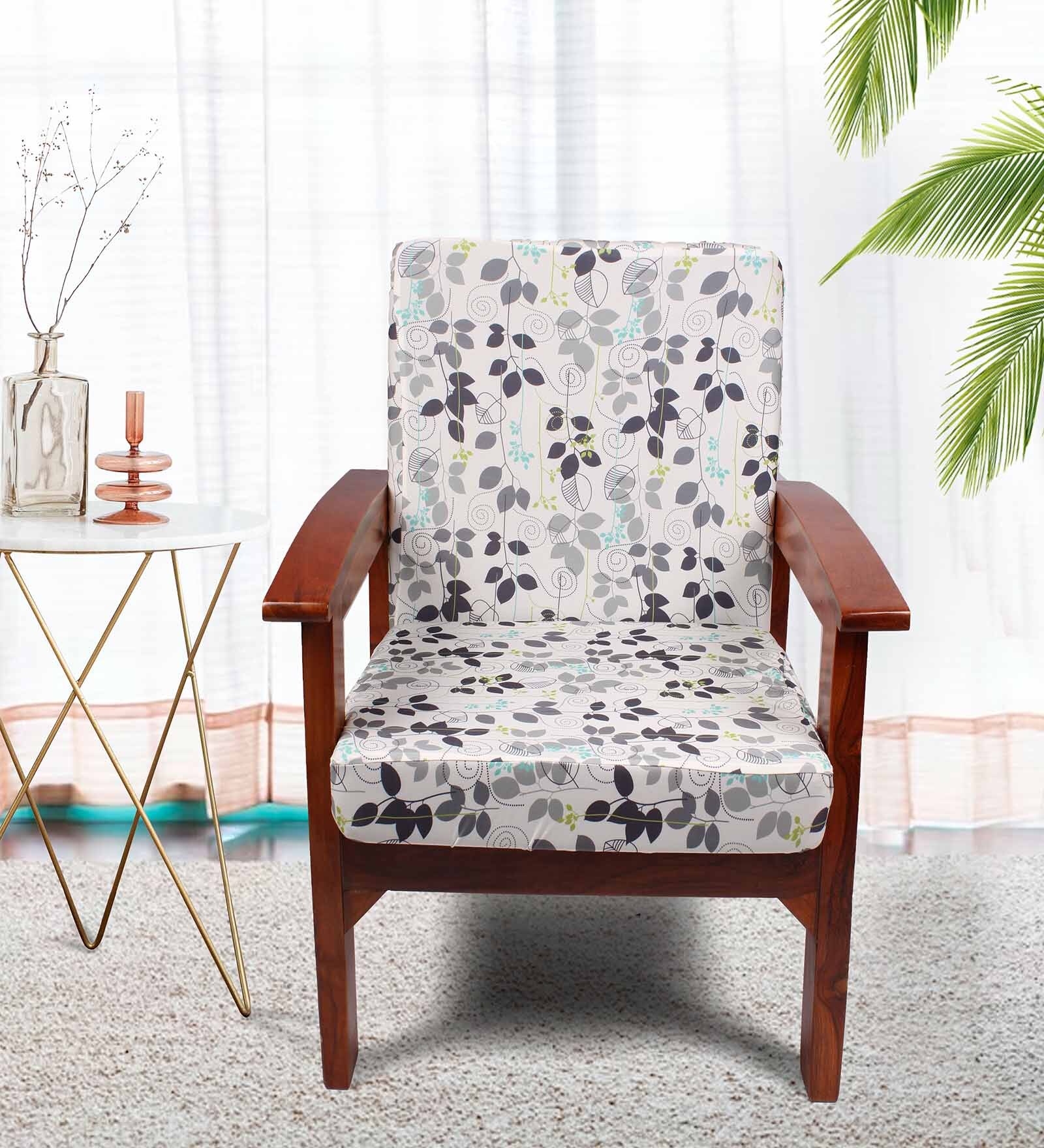 Off White Cotton Floral 20x20 Inches 1 Seater Sofa Chair Covers (Pack of 2)