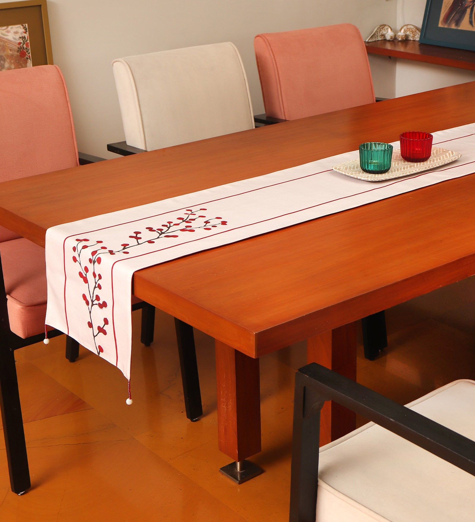 Floral (84x12) Off White & Red Cotton Blend Table Runner