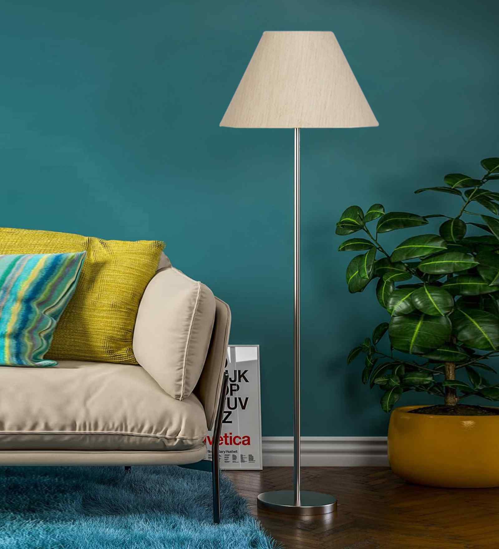 Off-White Cotton Conical Shade Steel Floor Lamp Steel Base