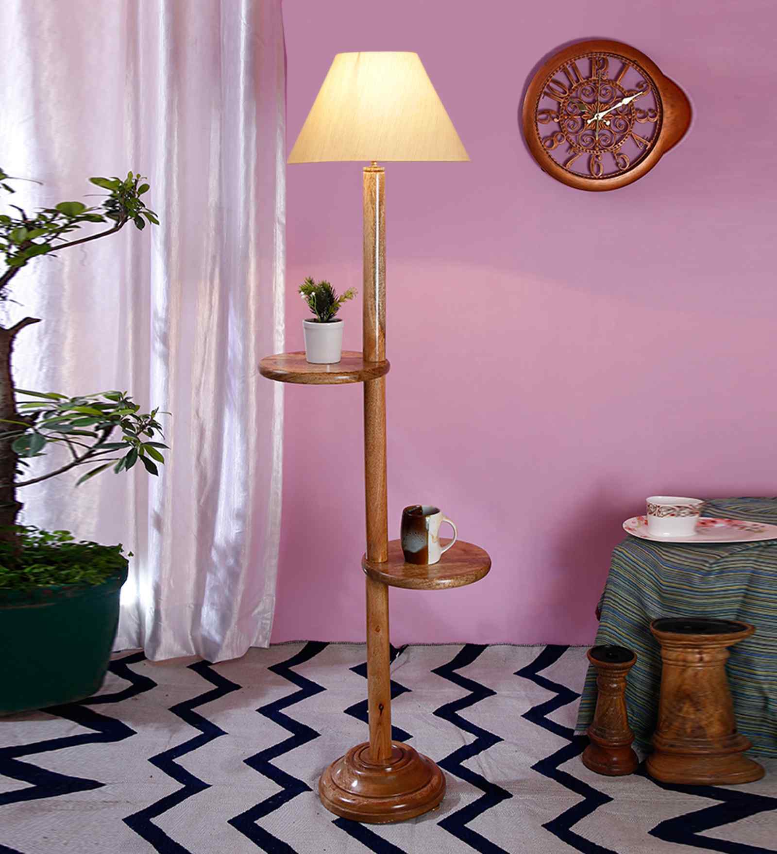 Off White Cotton Conical Wooden Floor Lamp