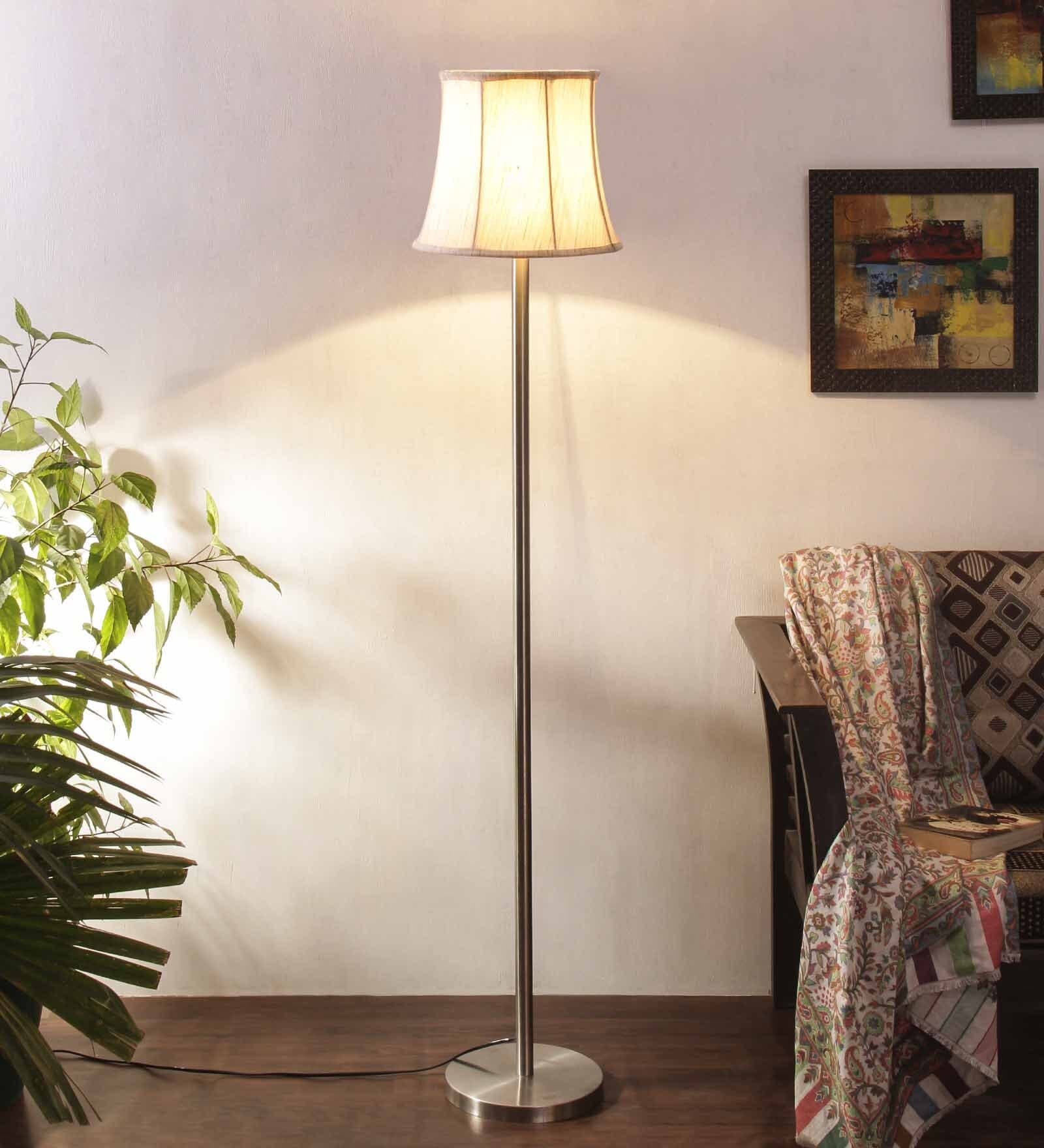 Off White Cottan Fabric Shade Club Floor Lamp With Steel Base