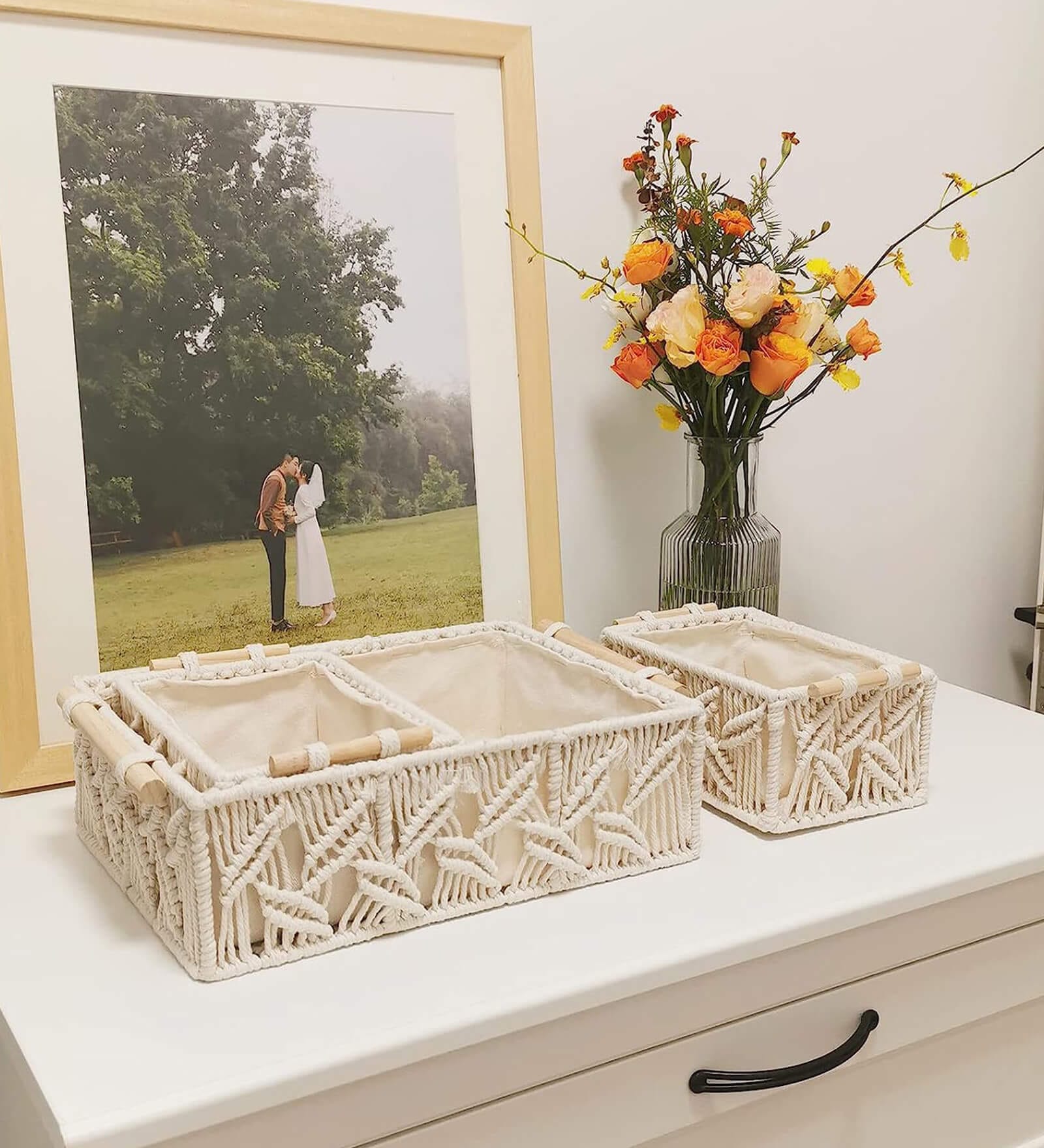 Set of 3 Off White Cotton Rope & Iron Frame Oraganisers