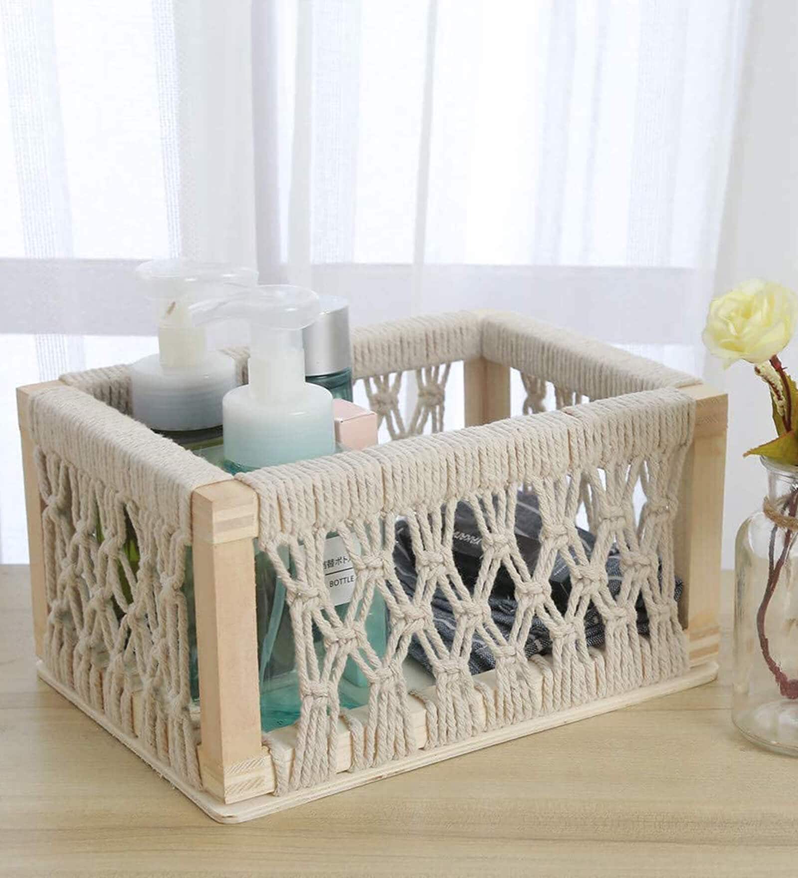 Set of 3 Off White Cotton Rope & Wooden Frame Oraganisers