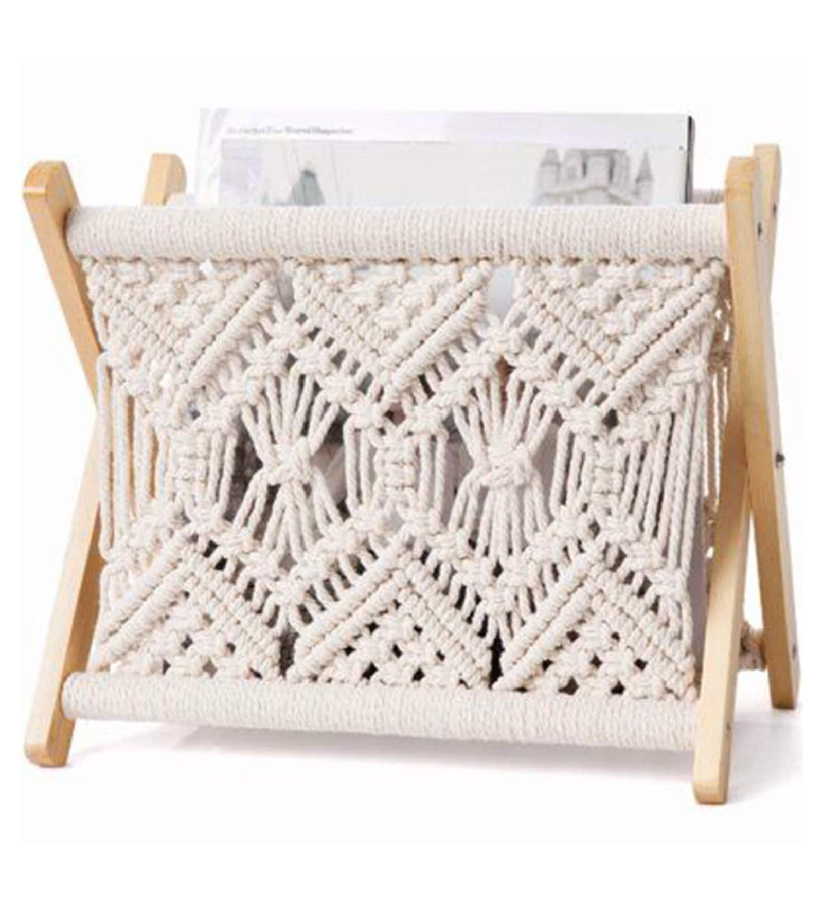 Cotton Rope Off White Wooden Frame Magazine Rack