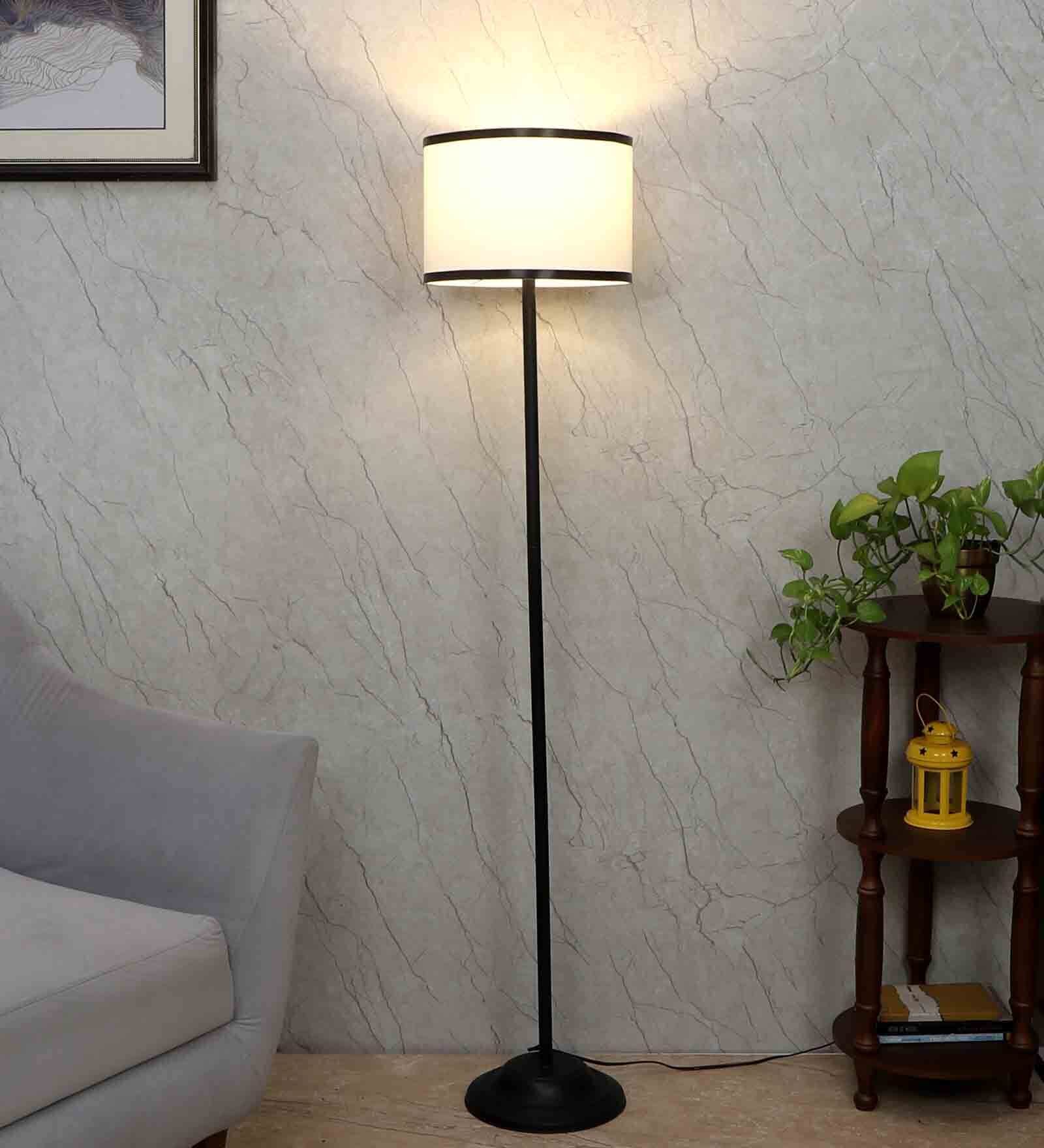 Off White Cotton Shade Club Floor Lamp Iron Base