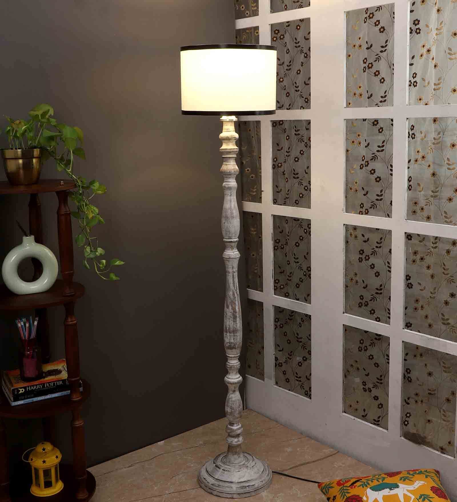 Off White Cotton Shade Novelty Floor Lamp Mango Wood Base
