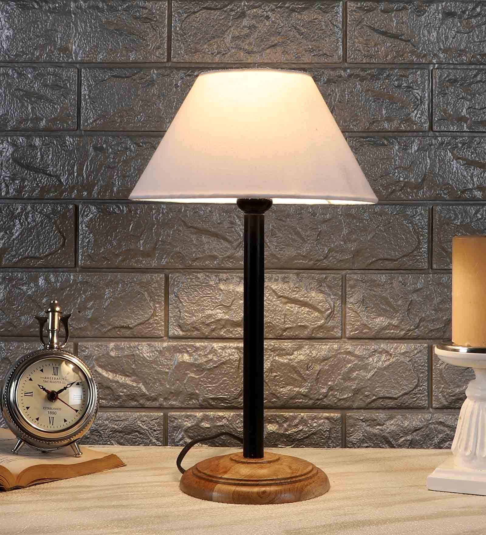 Turin Off White Cotton Shade Night Lamp With Wood Base