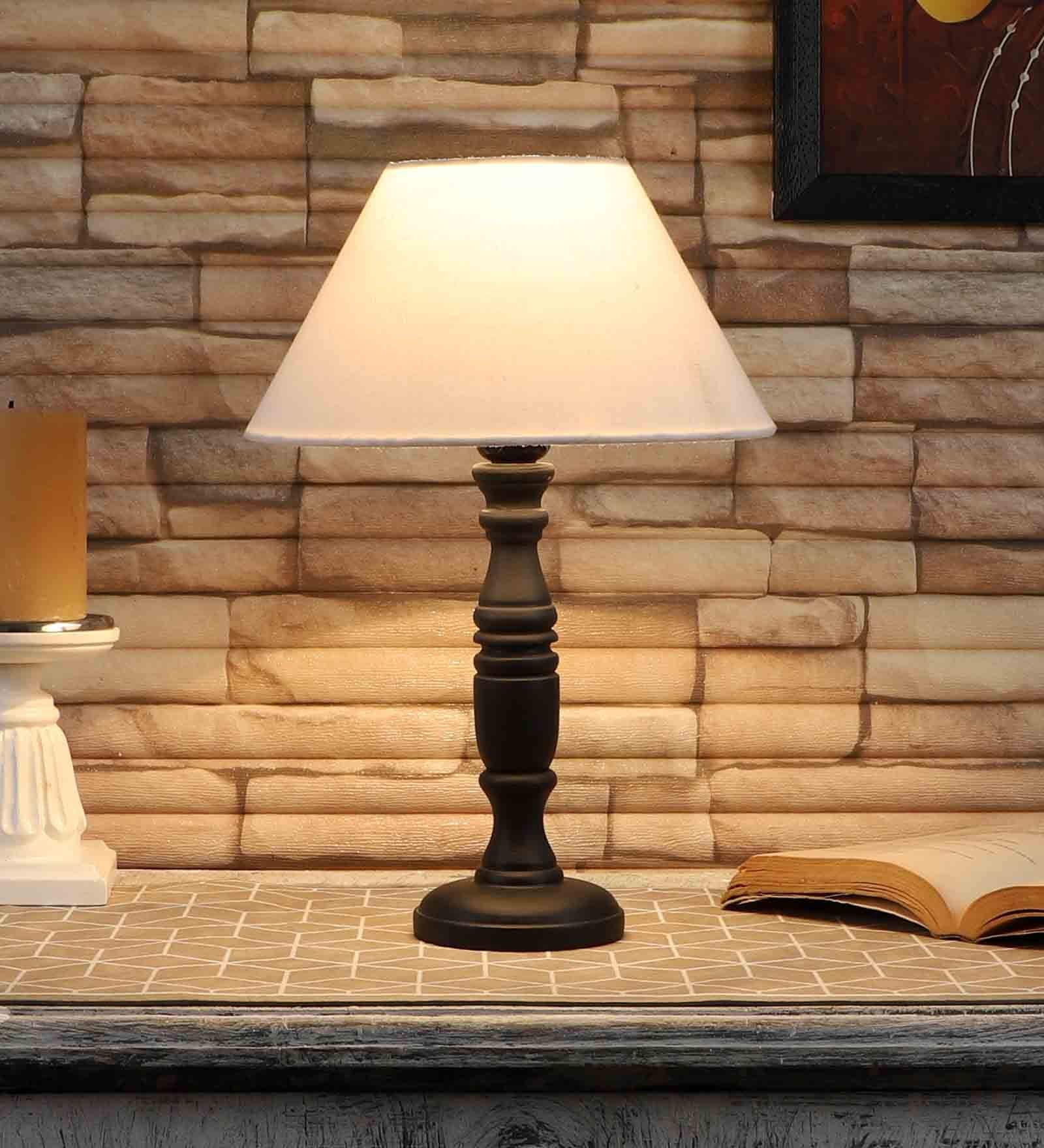 Premium Off White Cotton Shade Night Lamp With Wood Base