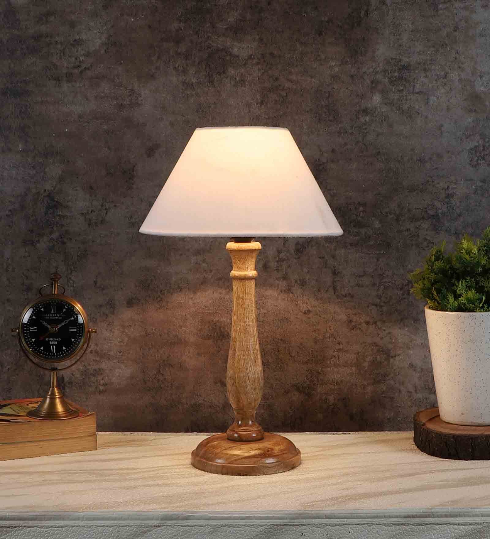 Hersey Off White Cotton Shade Night Lamp With Wood Base