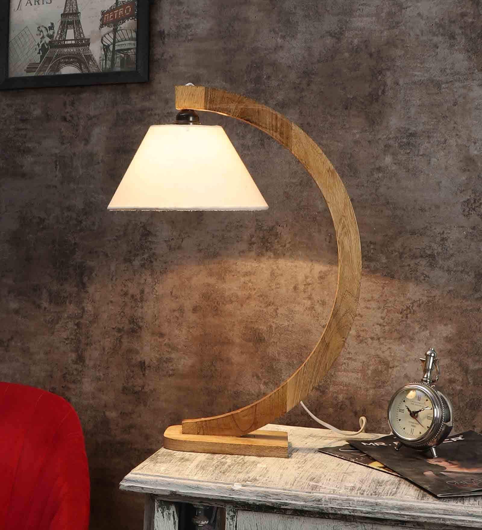 Noel Off White Cotton Shade Night Lamp With Wood Base