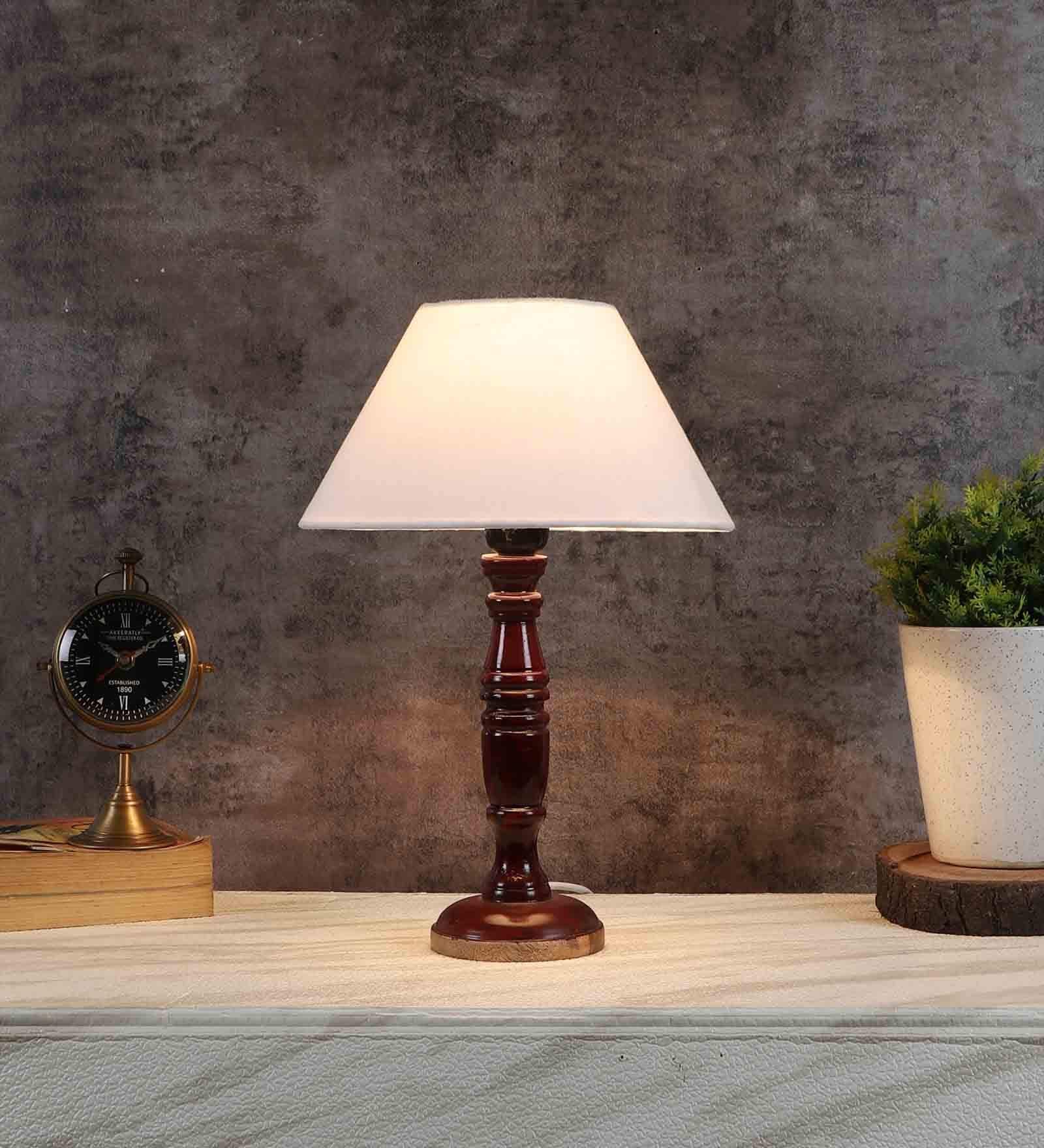 Canvas Off White Cotton Shade Night Lamp With Wood Base