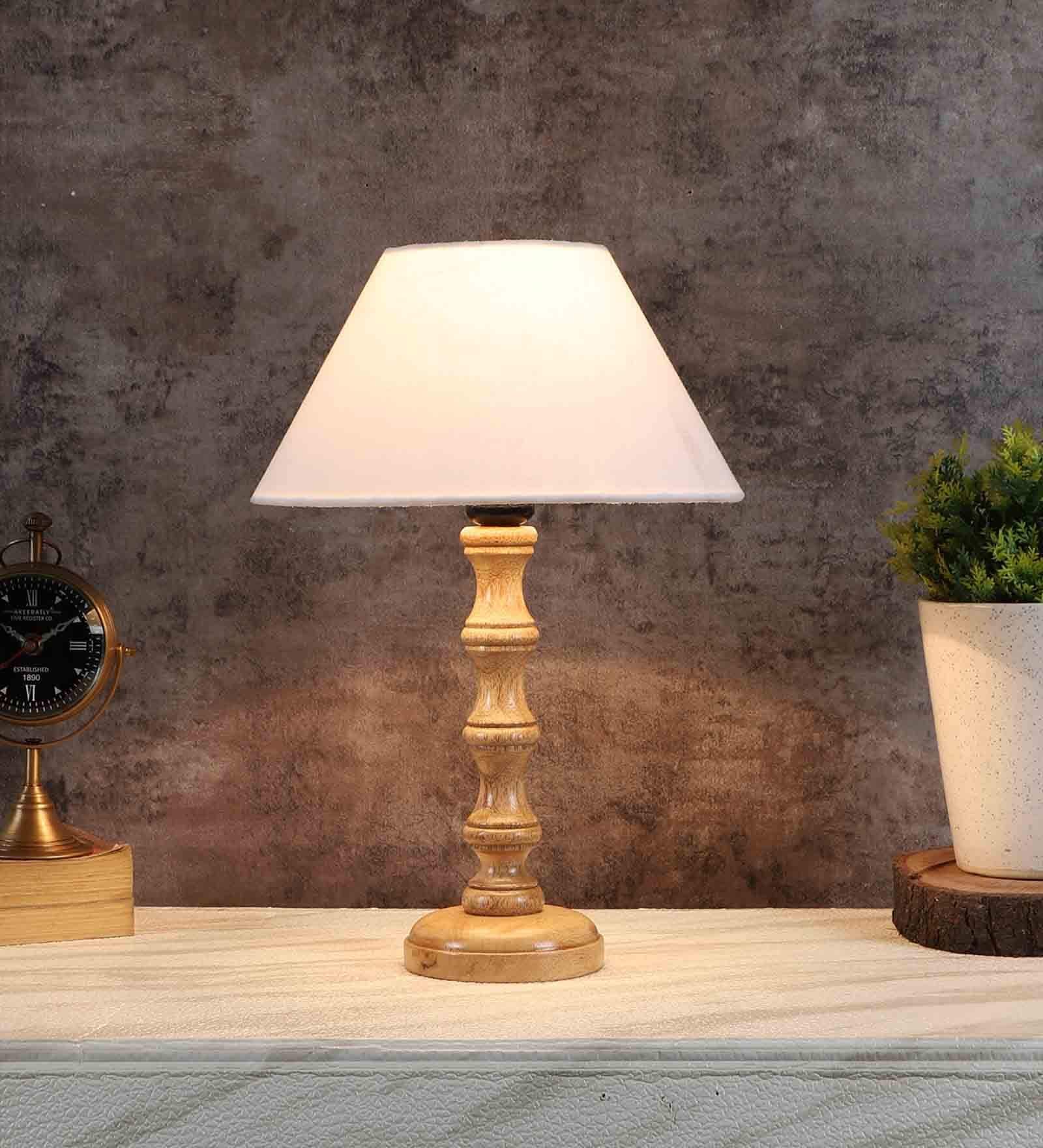 Syra Off White Cotton Shade Night Lamp With Wood Base