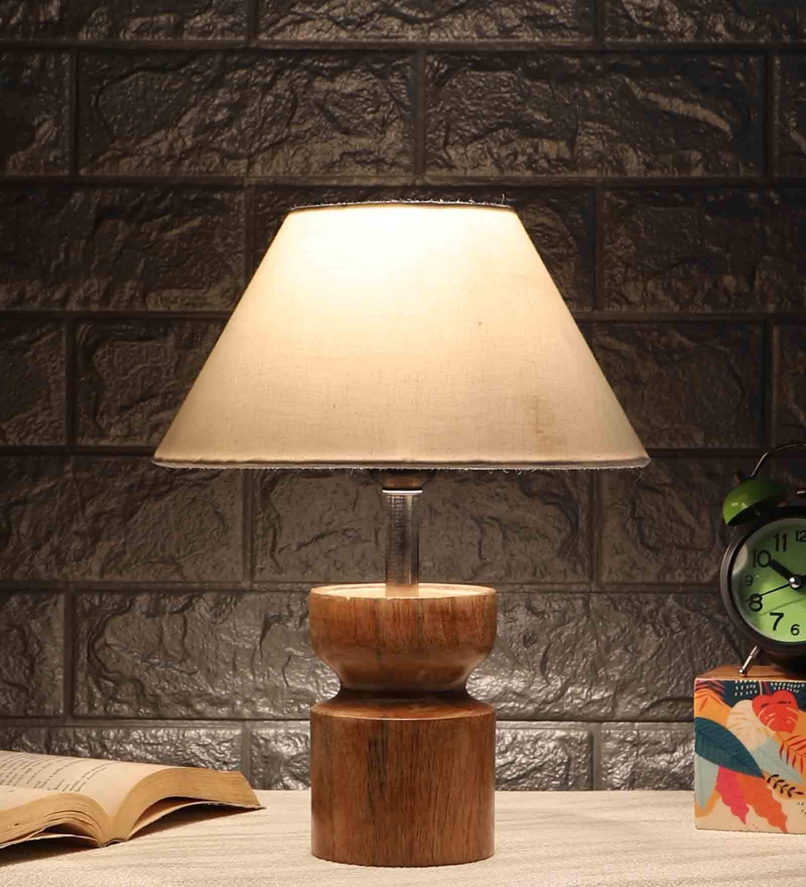 Imprisoned Off White Cotton Shade Night Lamp With Wood Base