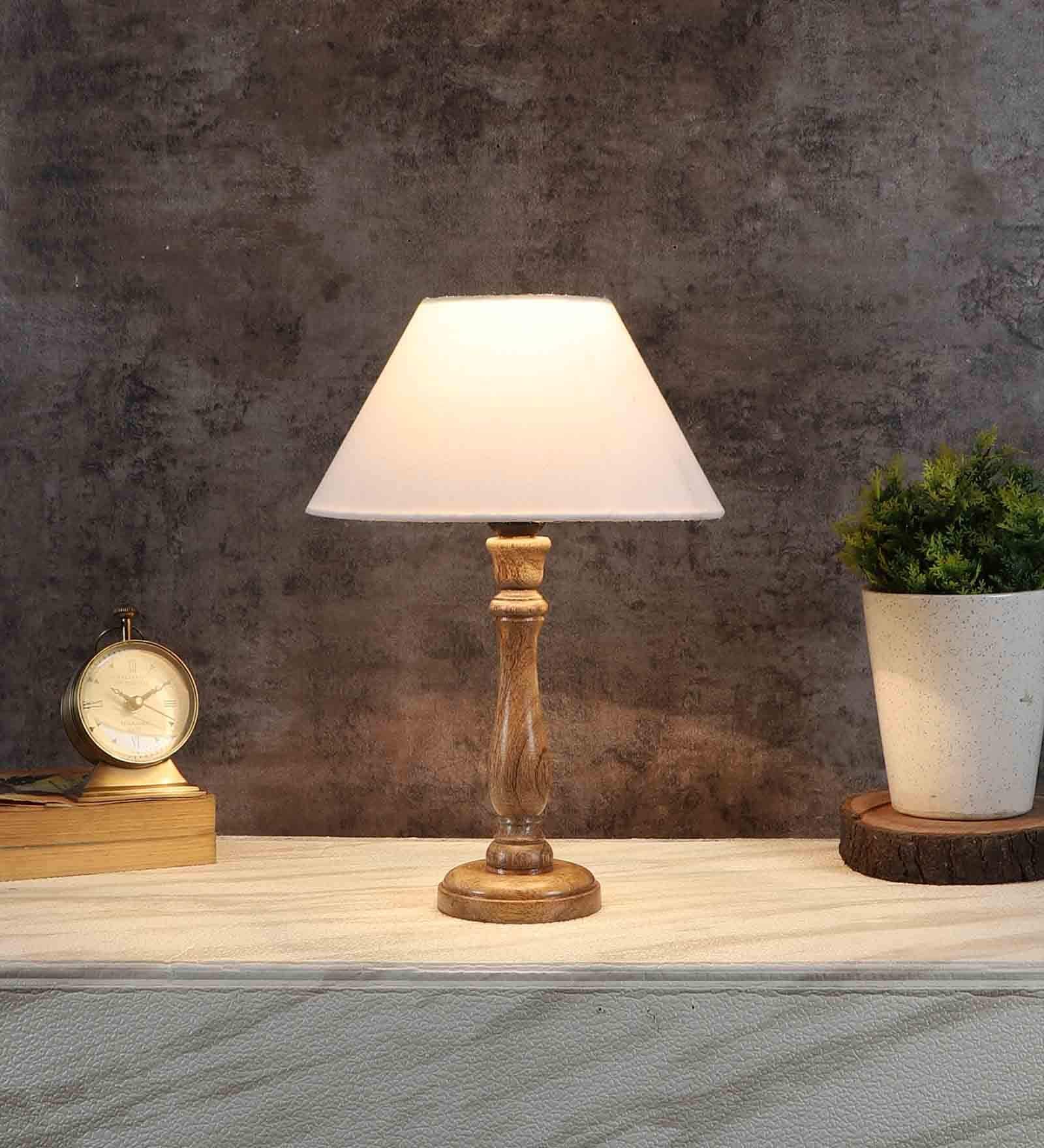 Naples Off White Cotton Shade Night Lamp With Wood Base