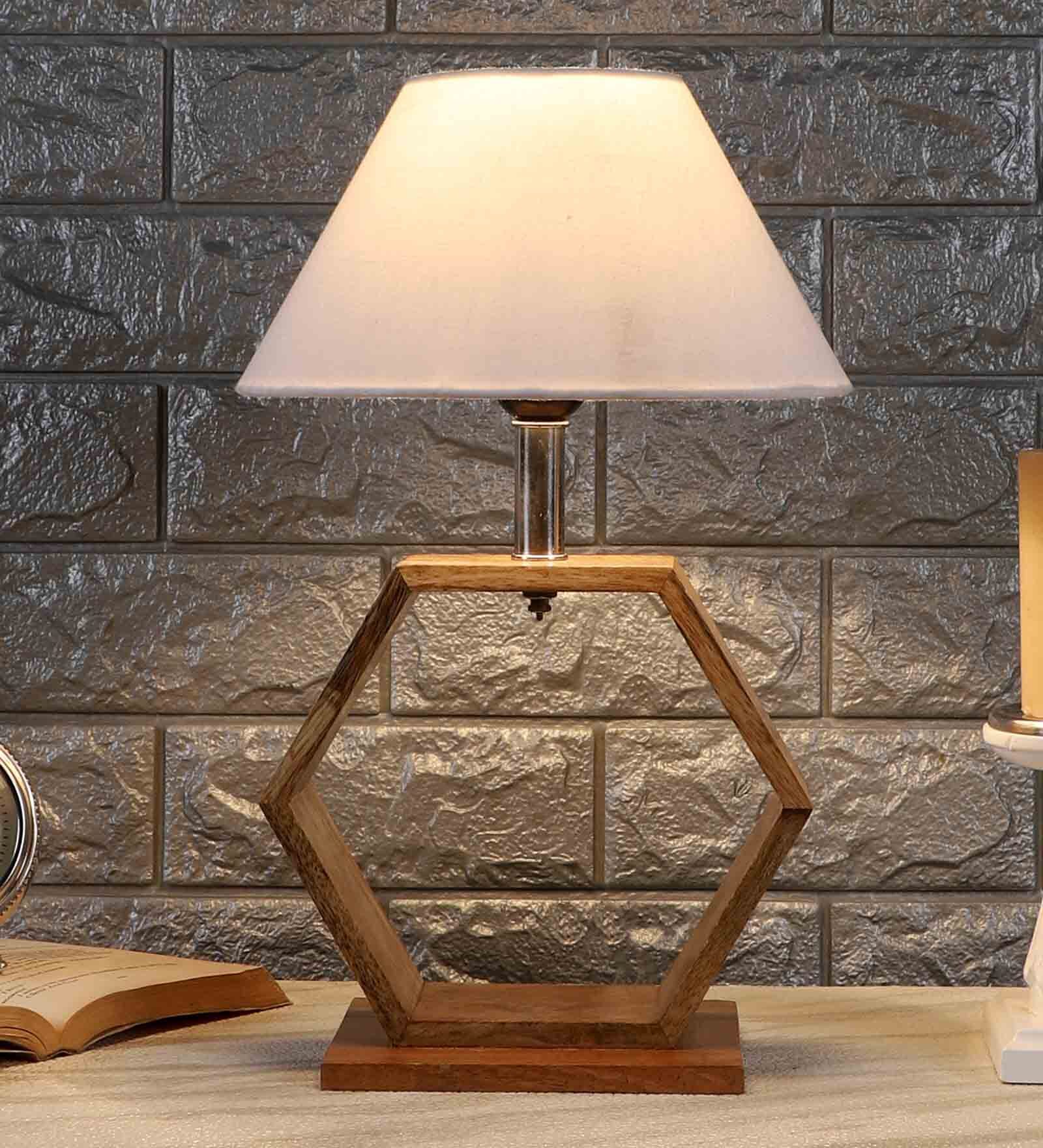 Fangio Off White Cotton Shade Night Lamp With Wood Base