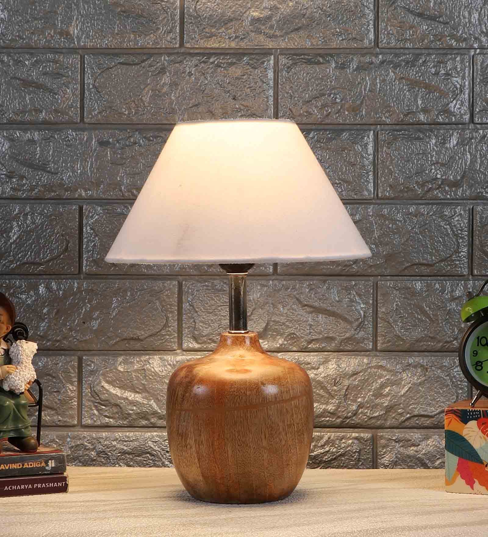 Modena Off White Cotton Shade Night Lamp With Wood Base