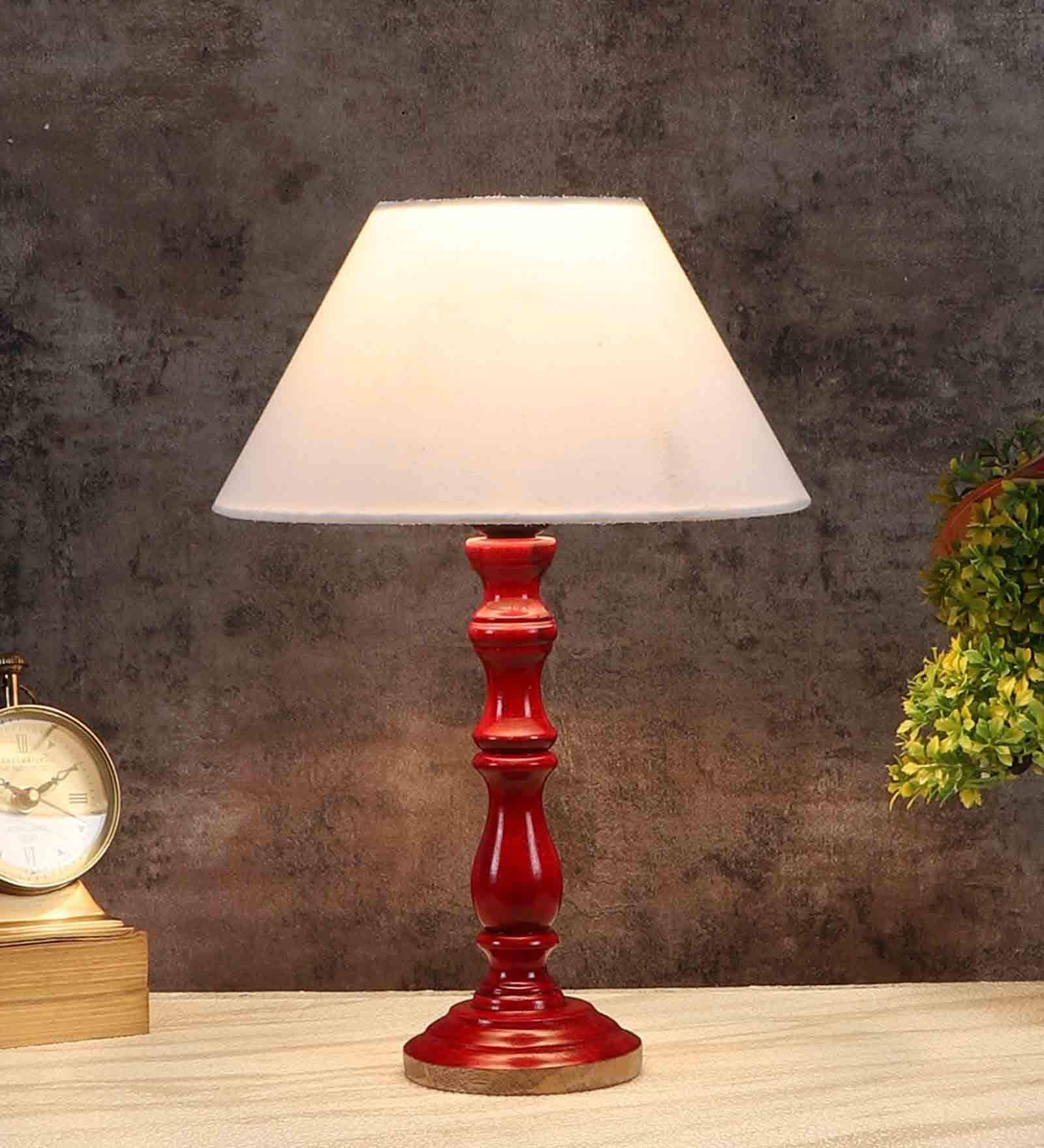 Catania Off White Cotton Shade Night Lamp With Wood Base