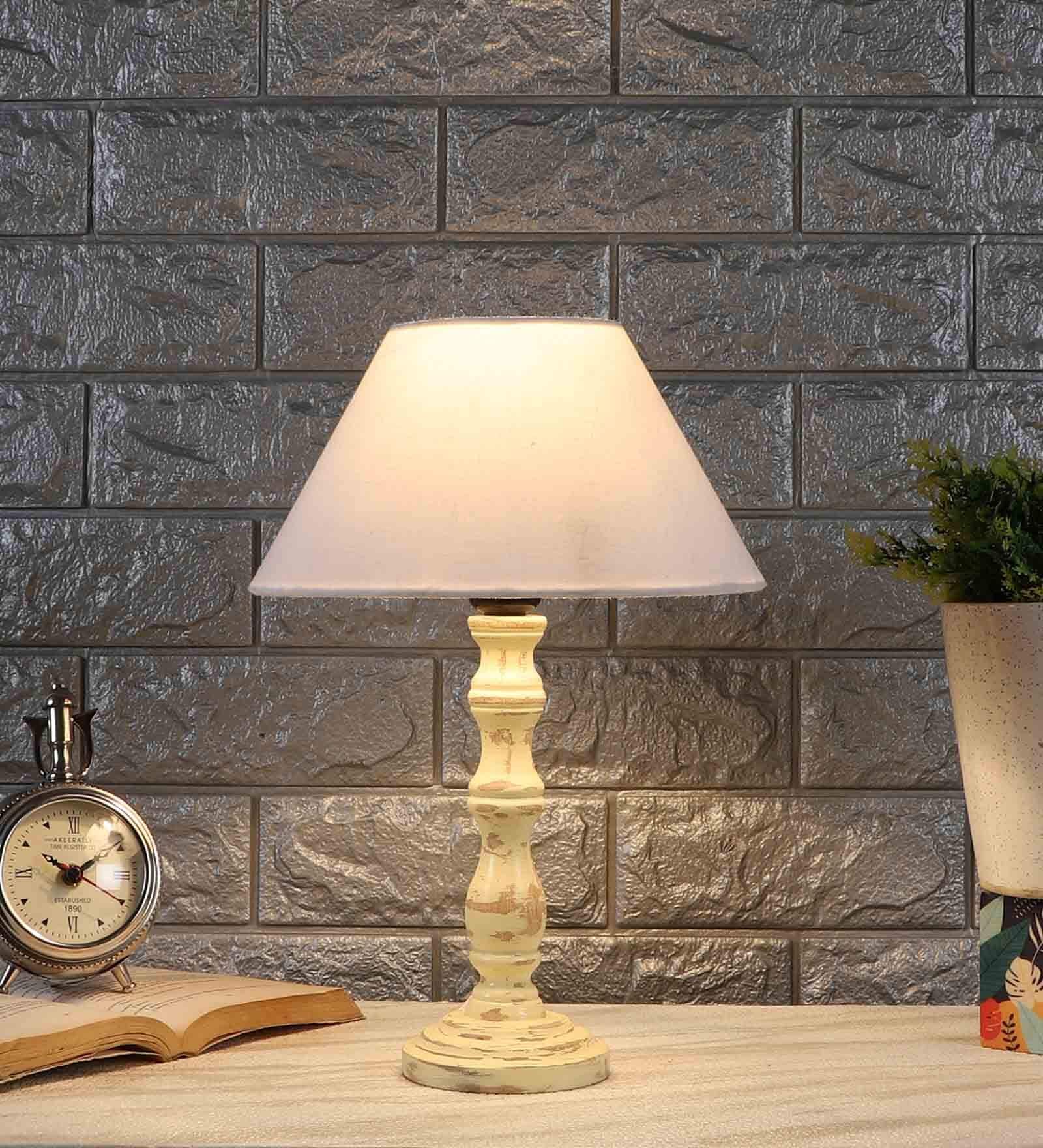 Venice Off White Cotton Shade Night Lamp With Wood Base