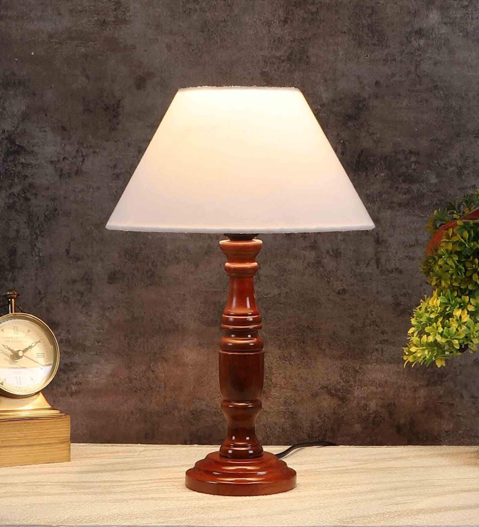 Verona Off White Cotton Shade Night Lamp With Wood Base