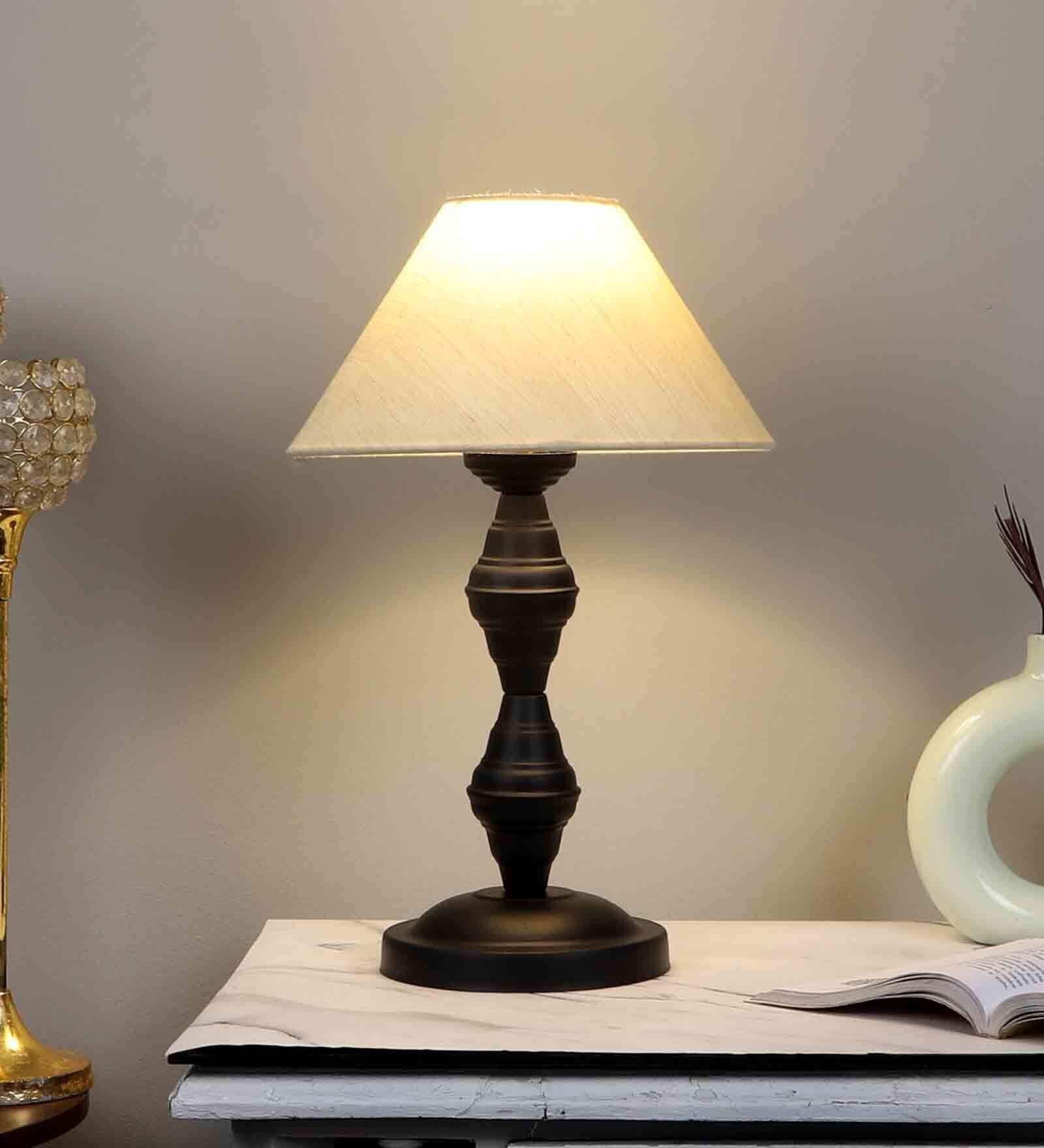 Off White Cotton Shade Table Lamp With Iron Base