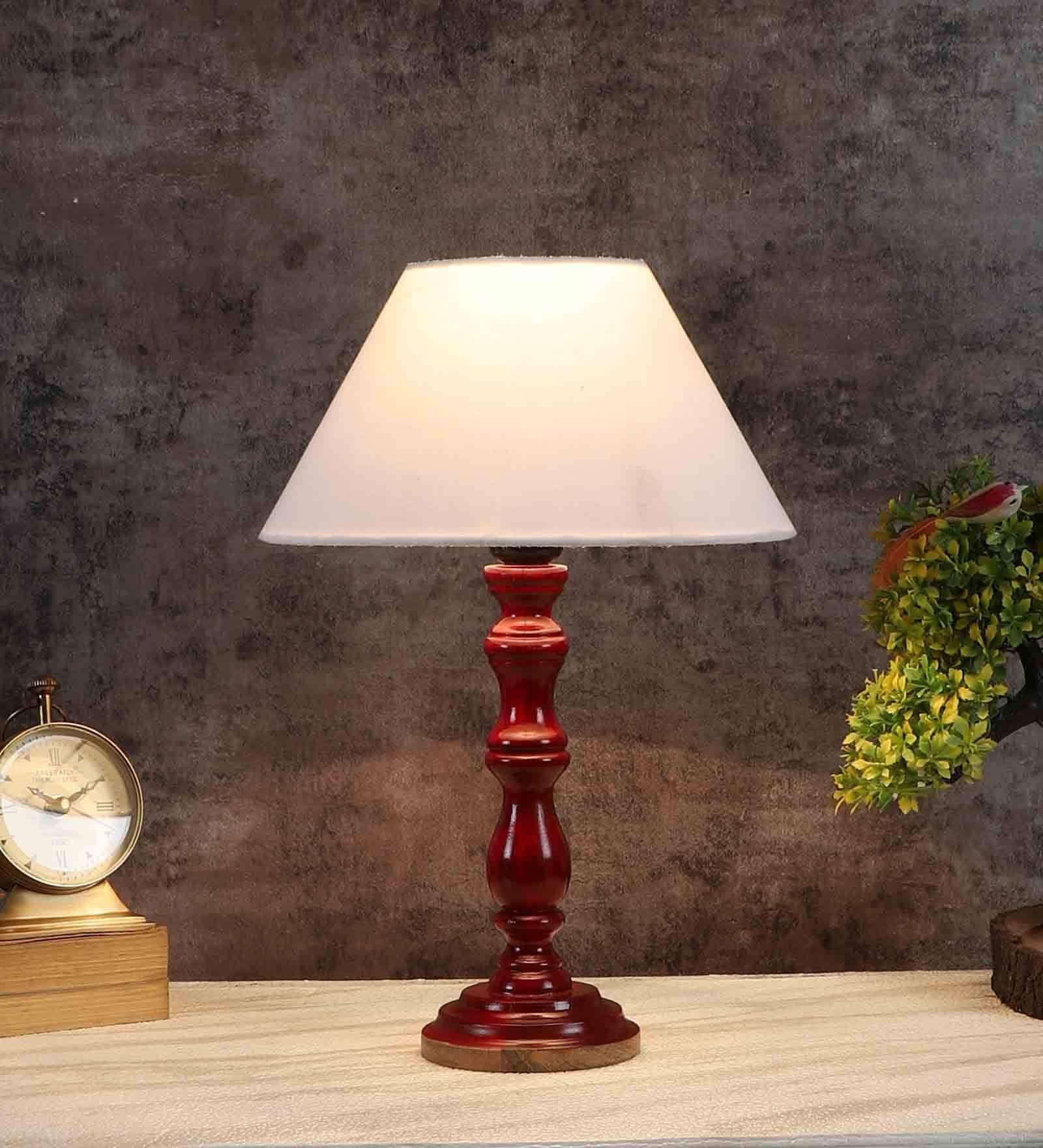 Florence Off White Cotton Shade Night Lamp With Wood Base