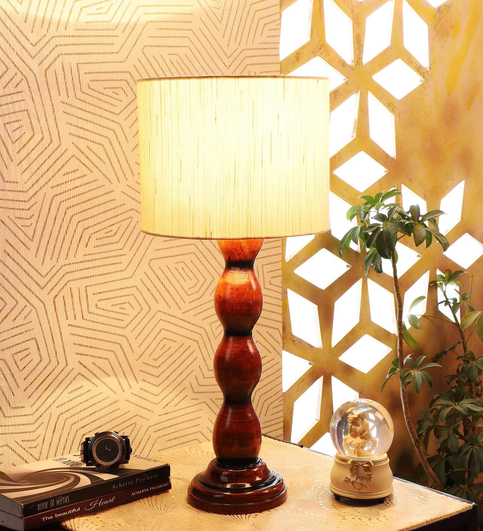 Off White Cotton Shade Table Lamp with Wood Base