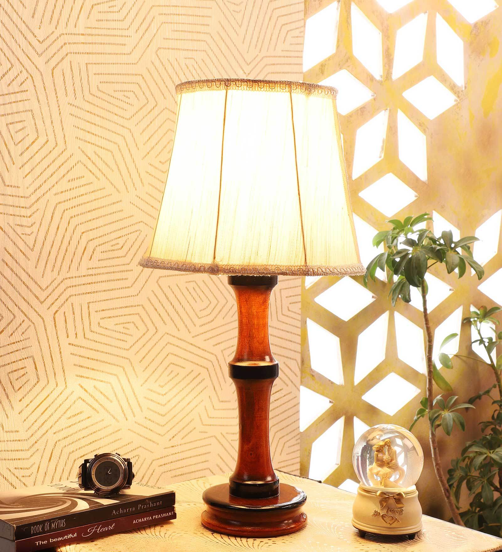 Off White Cotton Shade Table Lamp with Wood Base