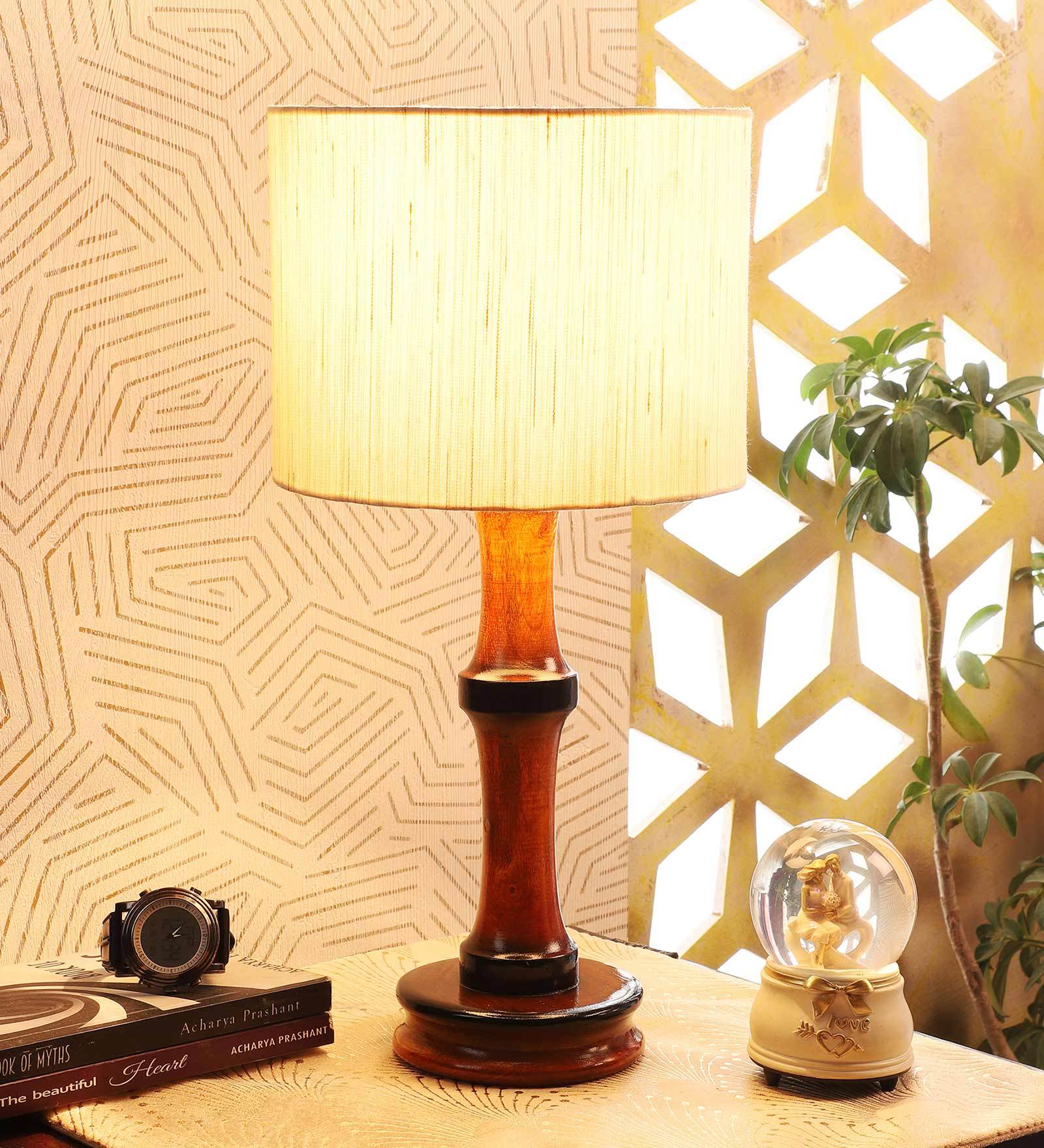 Off White Cotton Shade Table Lamp with Wood Base