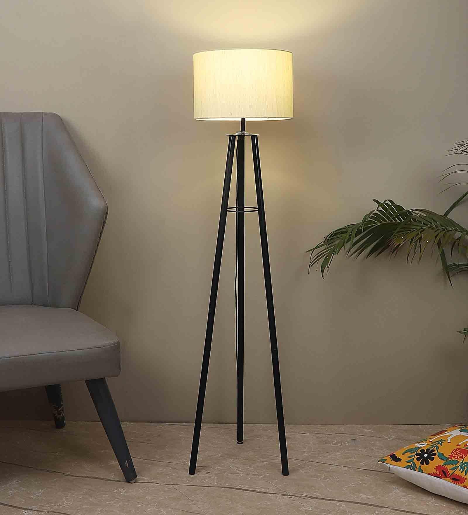 Off White Cotton Shade Tripod Floor Lamp Iron Base