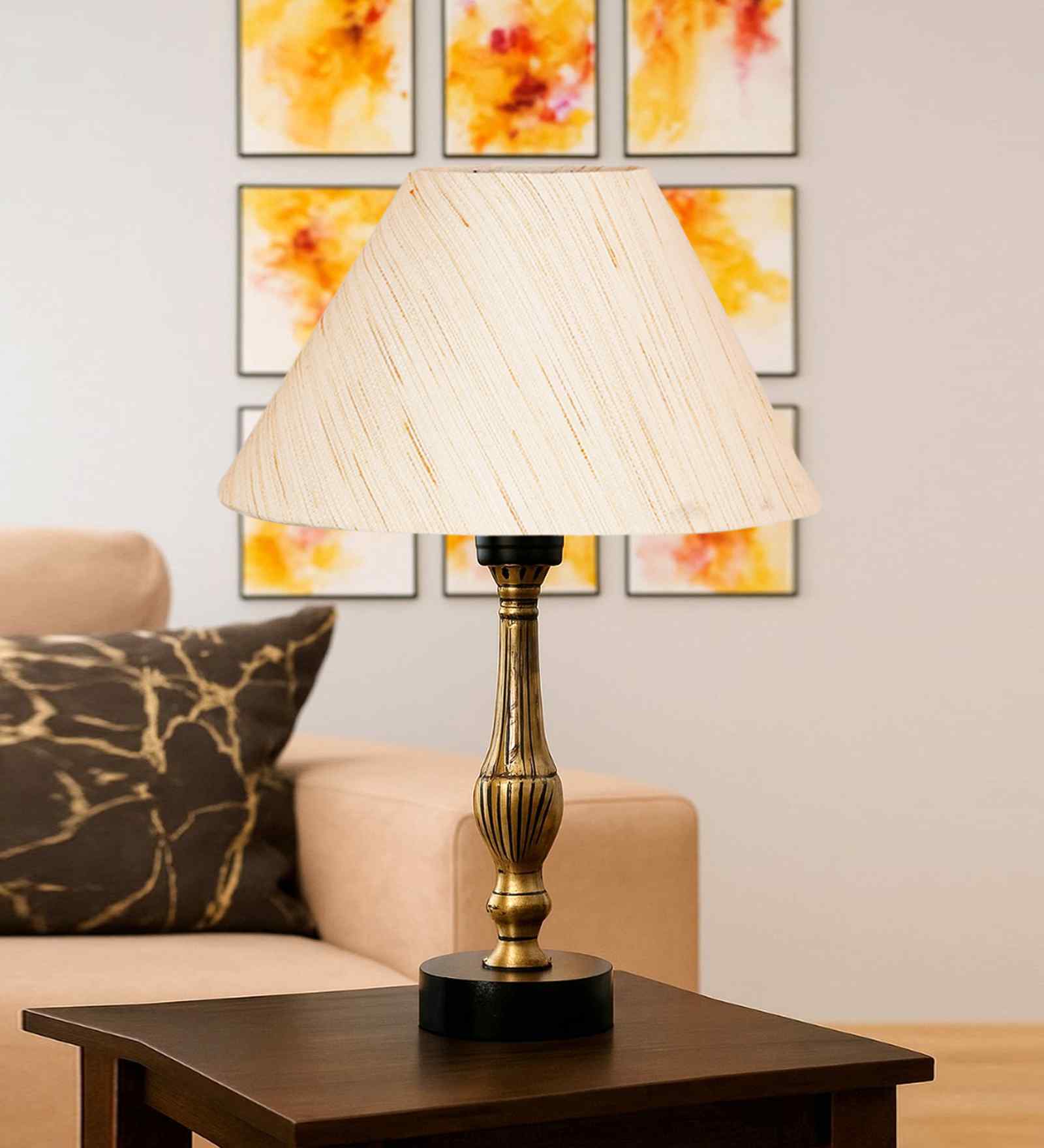 Off White Cotton Table Lamp With  Metal & Wood  Base 10X15 Inches-