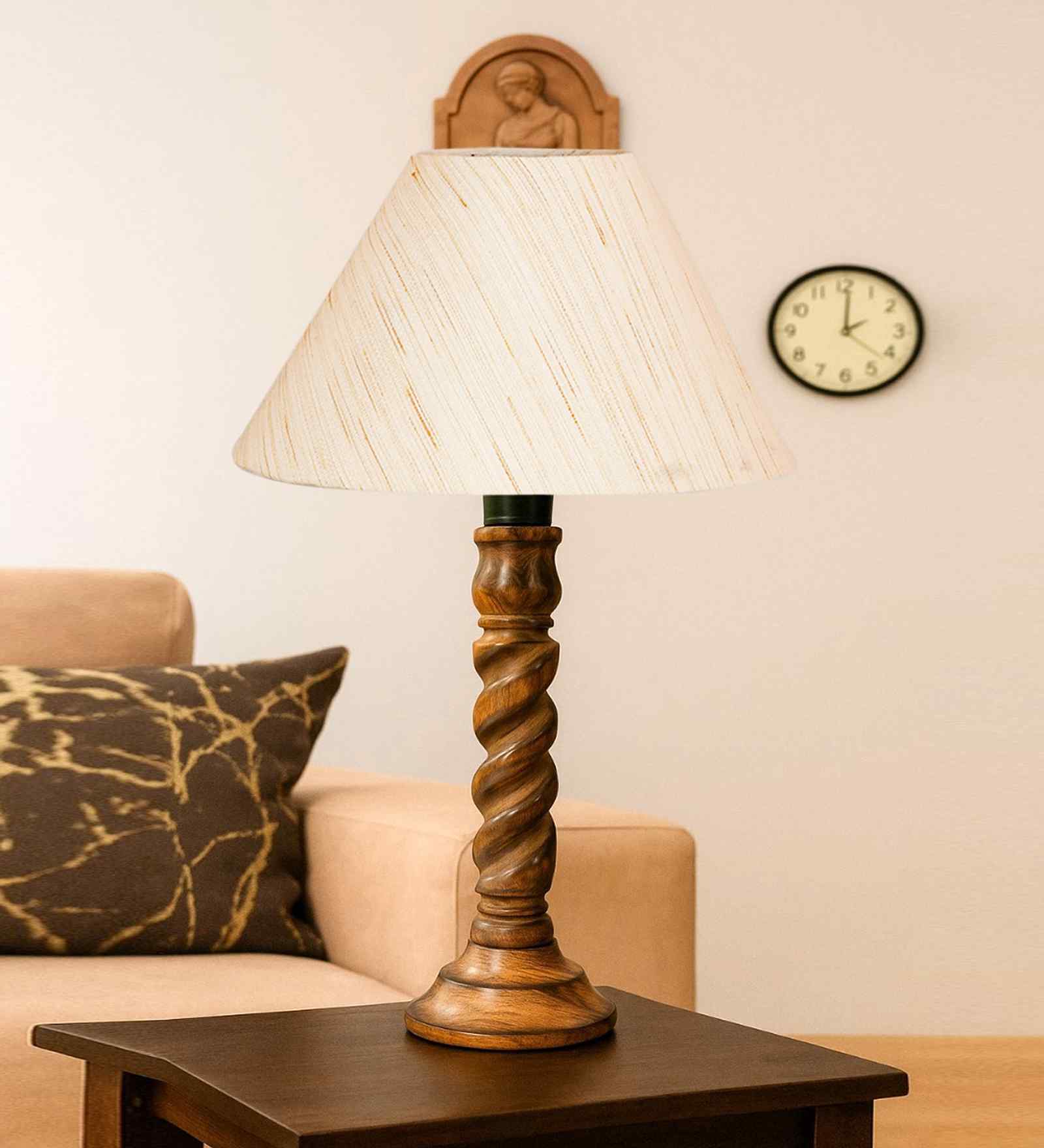 Off White Cotton Table Lamp With  Wood  Base 10X19 Inches-