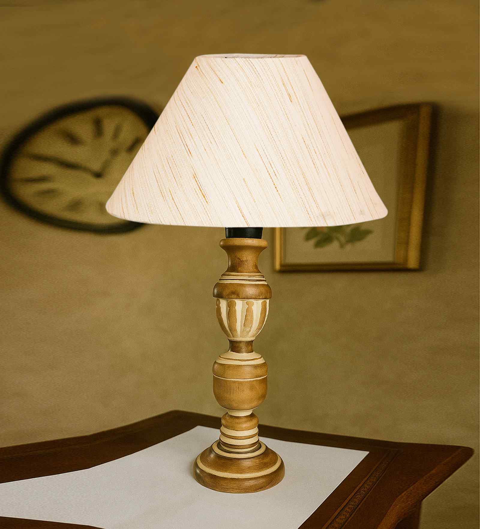 Off White Cotton Table Lamp With  Wood  Base 10X19 Inches-