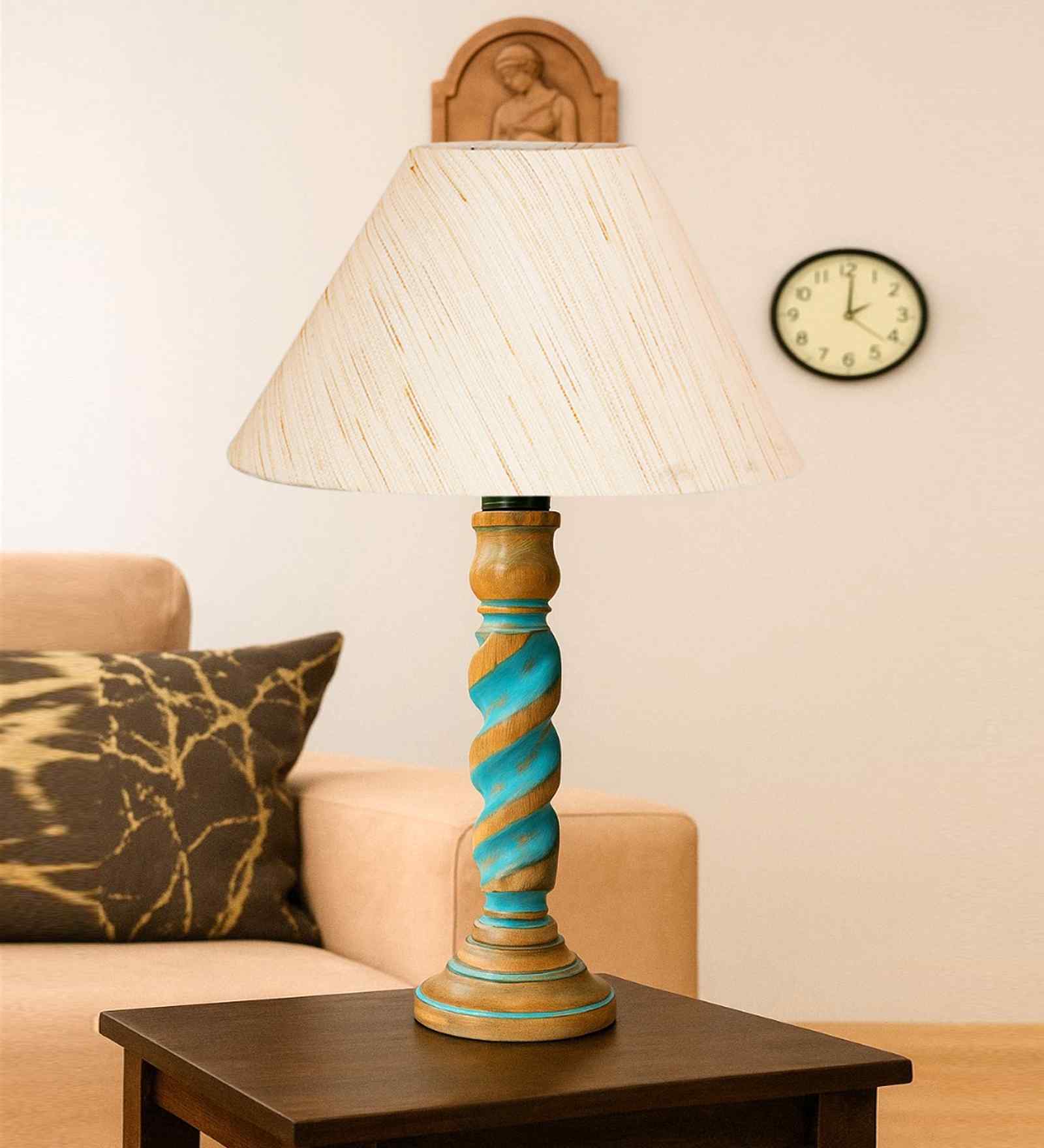 Off White Cotton Table Lamp With  Wood  Base 10X19 Inches-