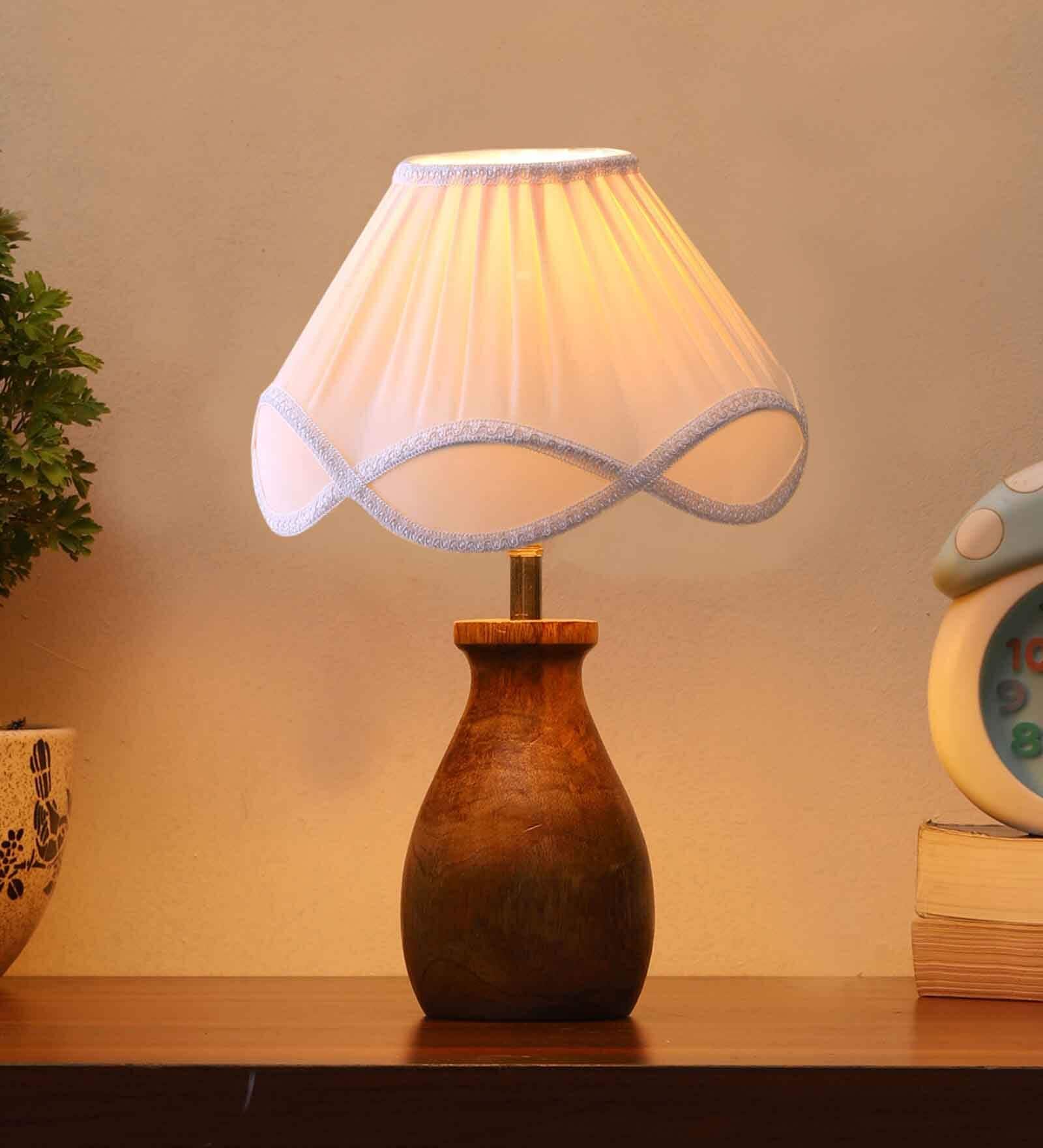 Off White Cotton Table Lamp With Wood Base
