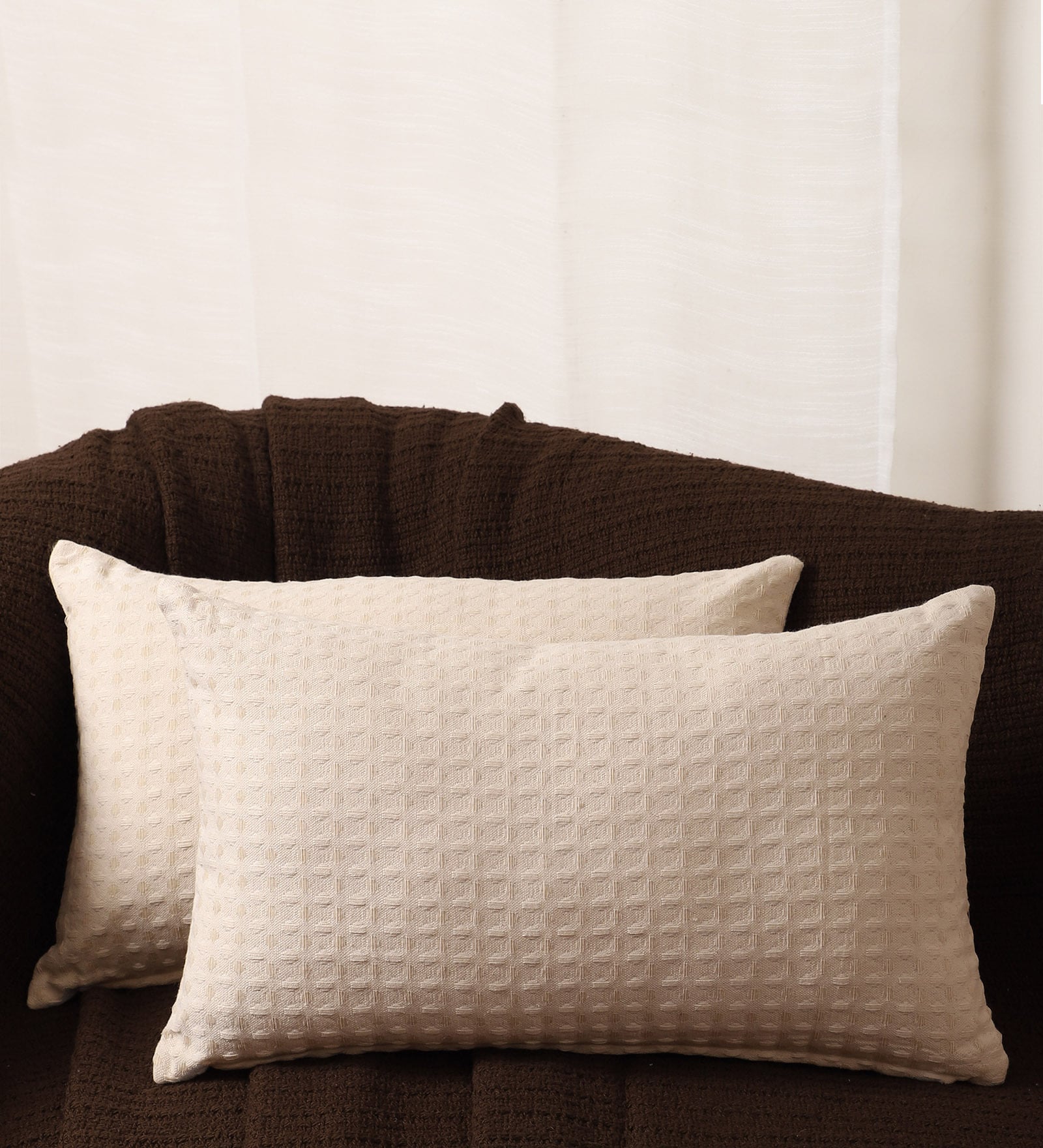 Off White Cotton Textured 12x20 inches (Set of 2) Cushion Covers
