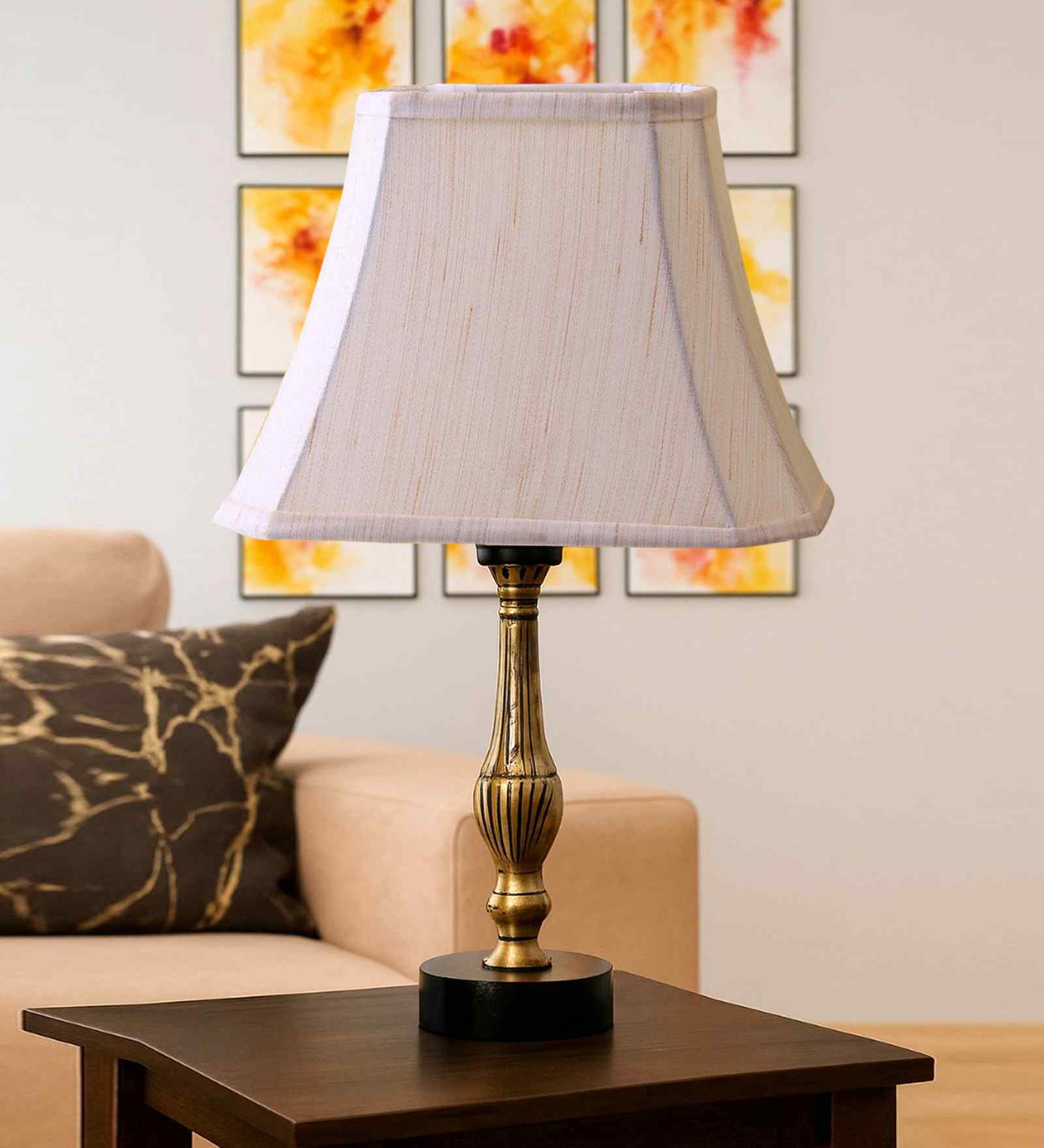 Off-White Cotton Vintage  Lamp With Metal & Wood Base 12X8X18